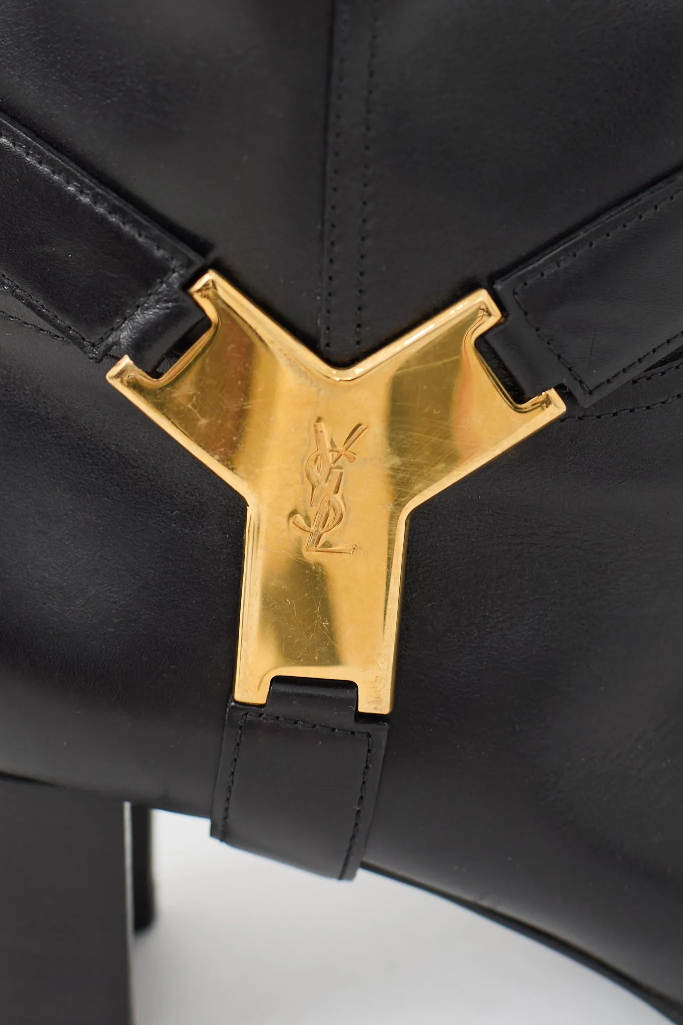Black Leather Logo Buckle Knee High Boot