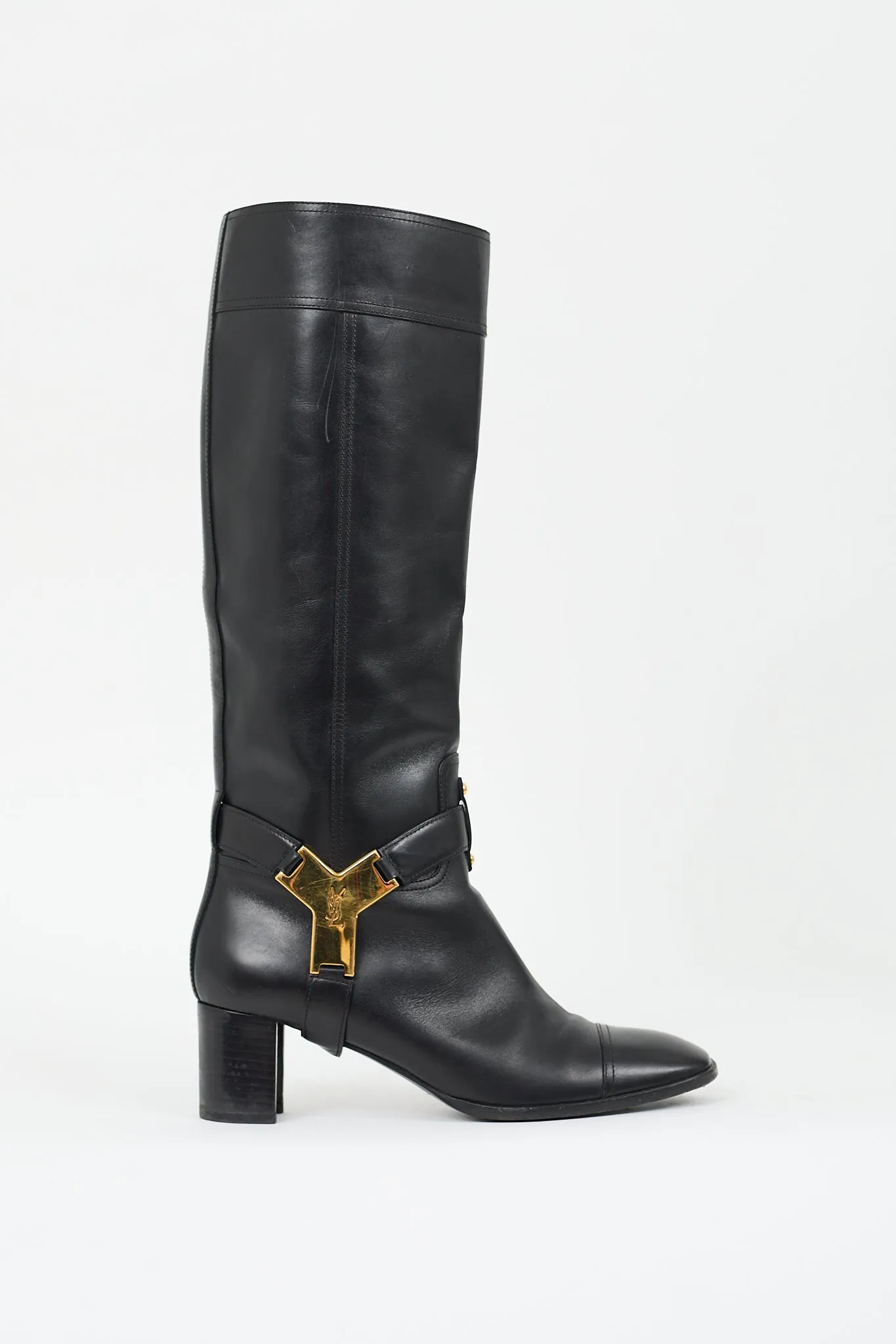 Black Leather Logo Buckle Knee High Boot