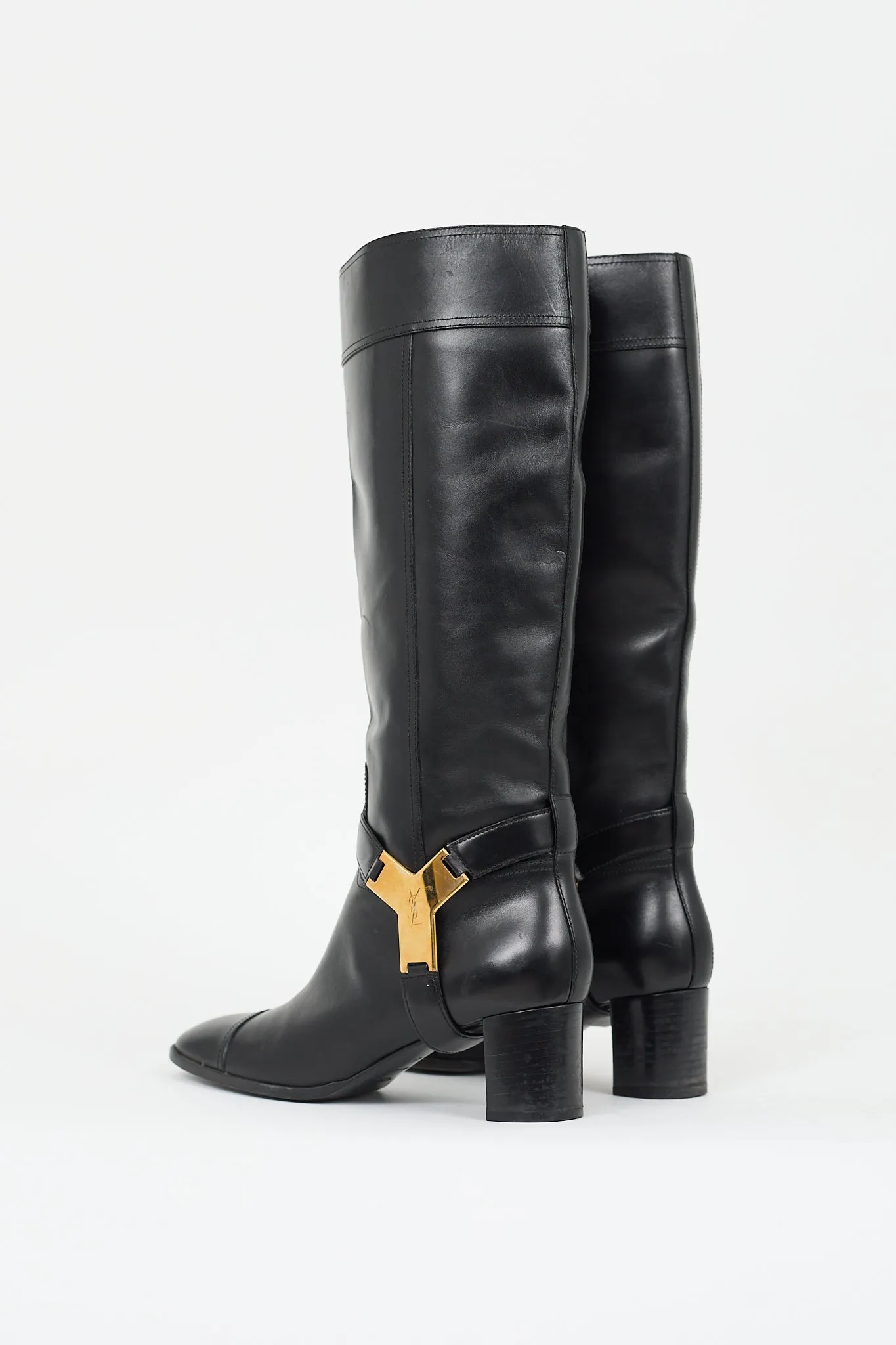 Black Leather Logo Buckle Knee High Boot