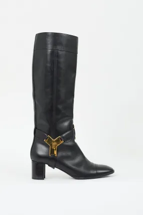 Black Leather Logo Buckle Knee High Boot