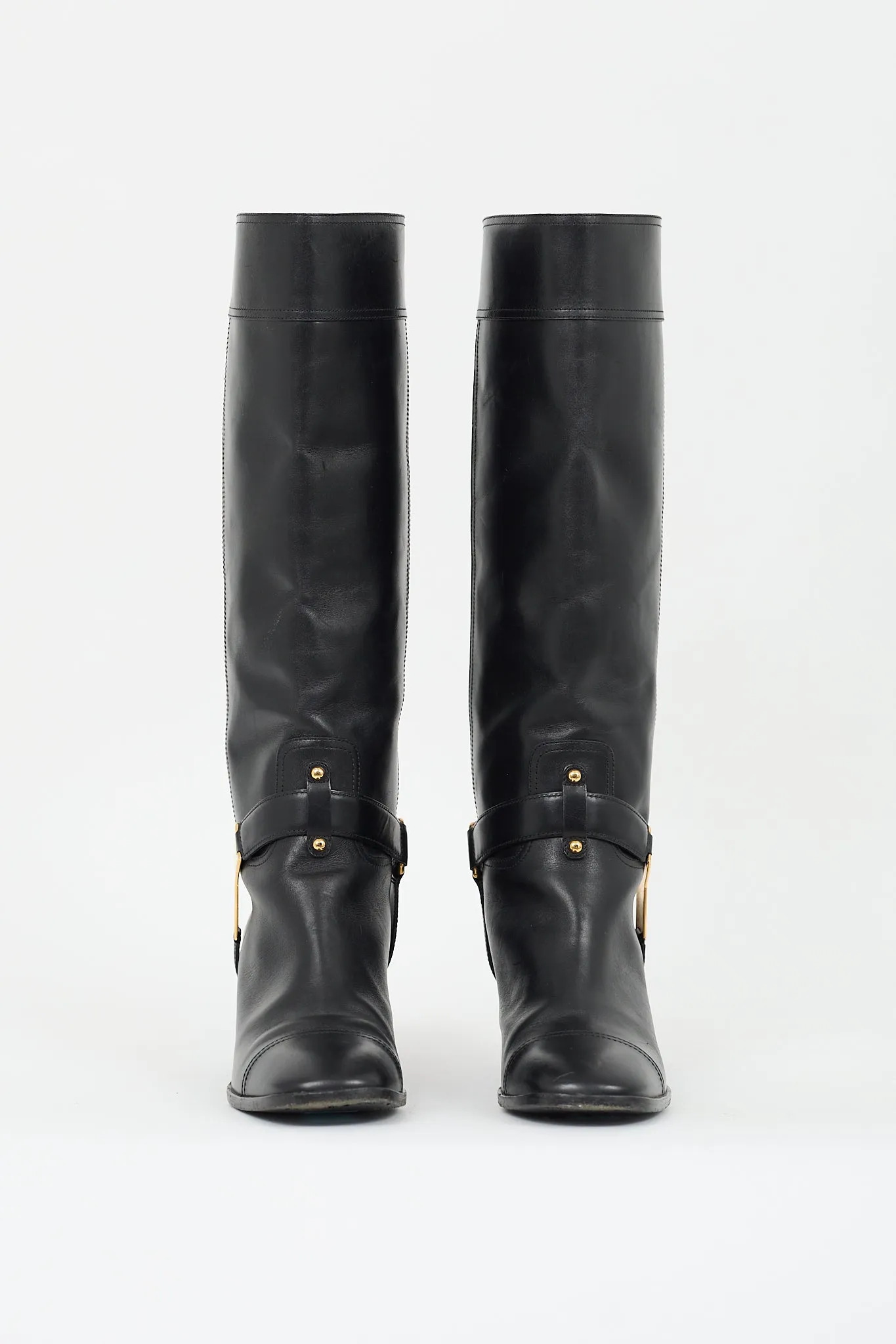 Black Leather Logo Buckle Knee High Boot