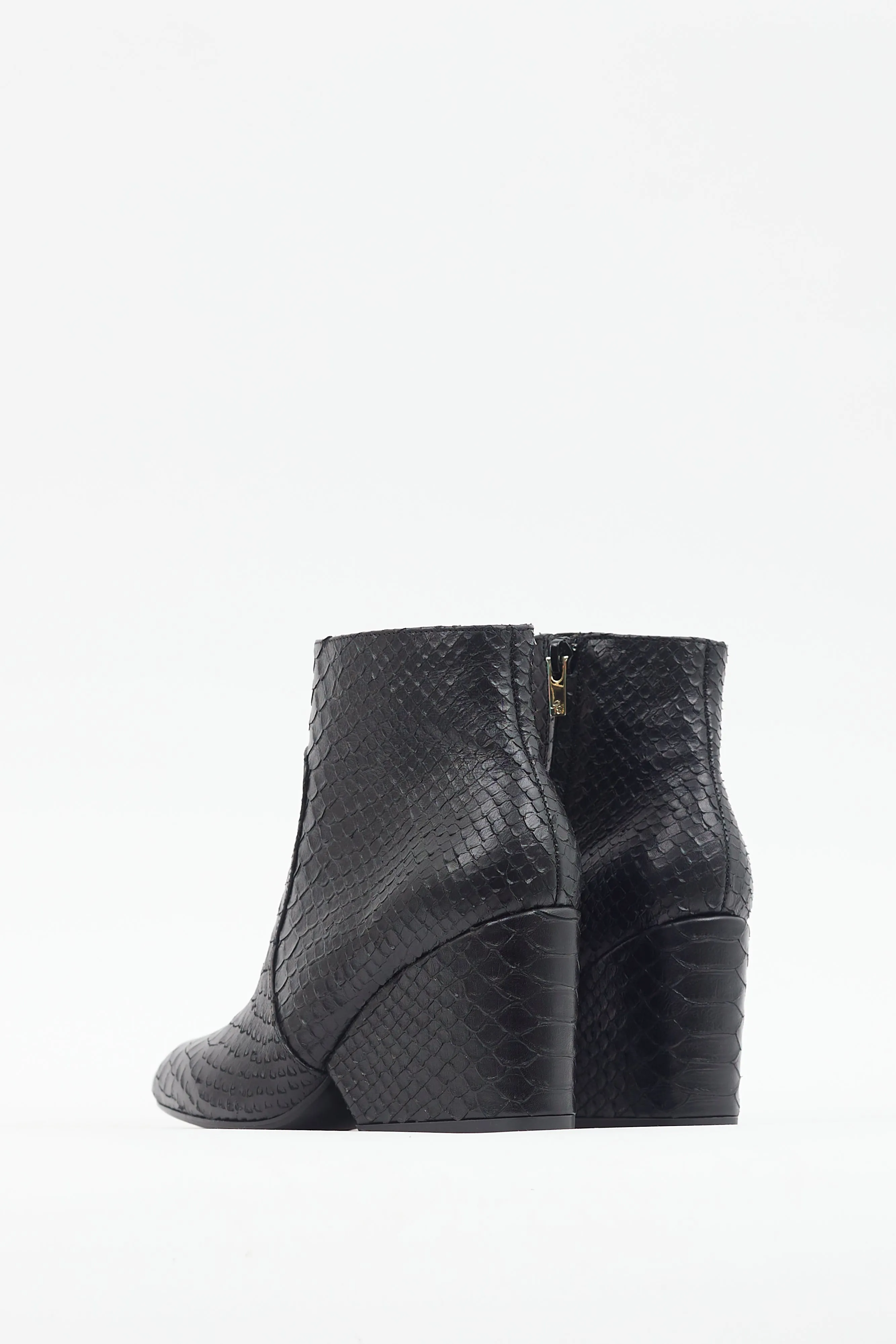 Black Textured Leather Wedge Heel Boot