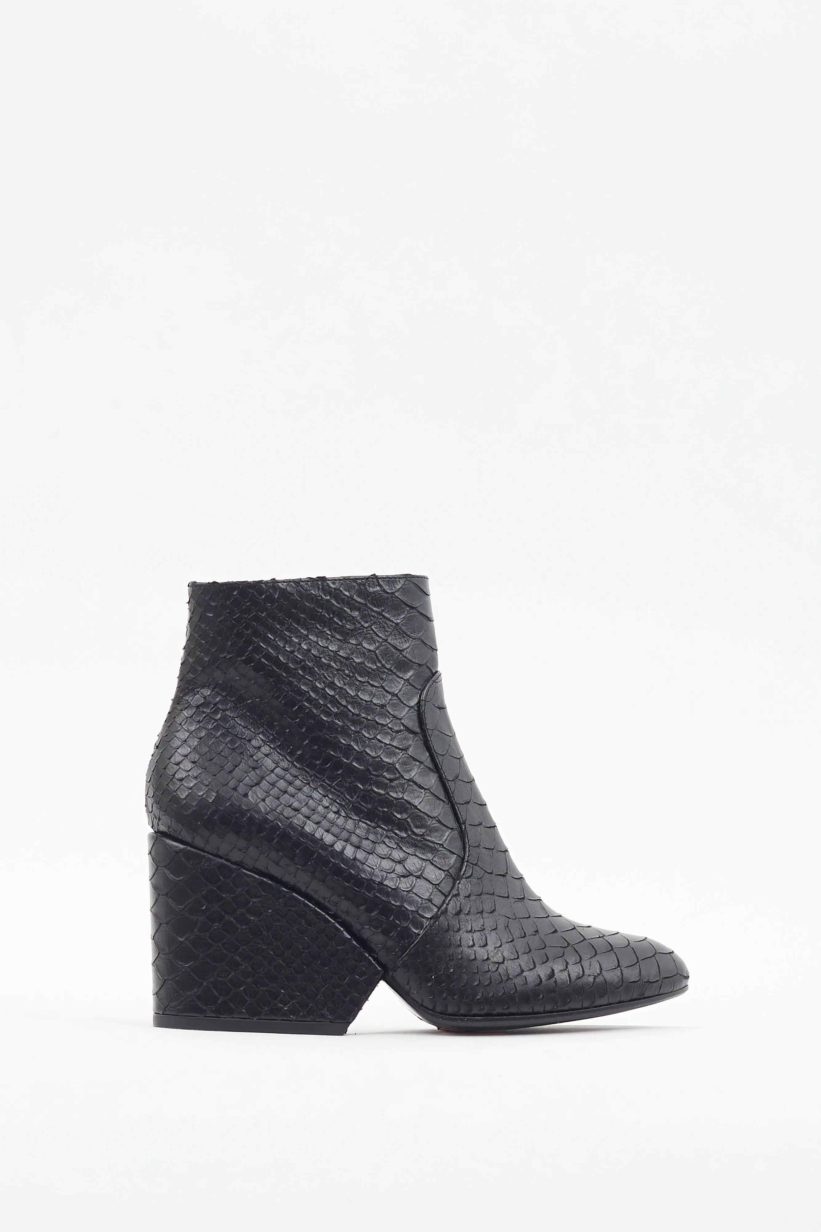 Black Textured Leather Wedge Heel Boot