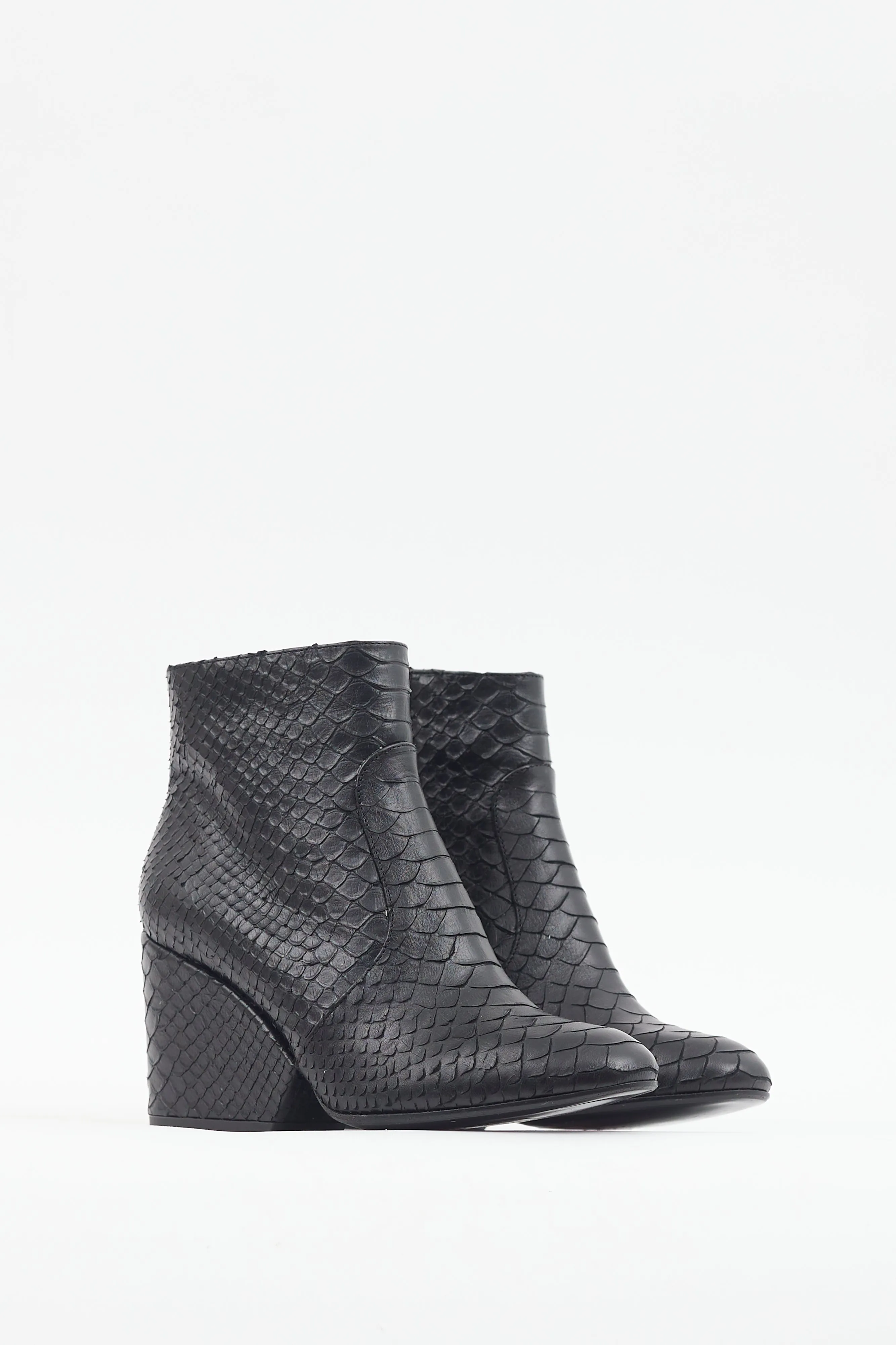 Black Textured Leather Wedge Heel Boot