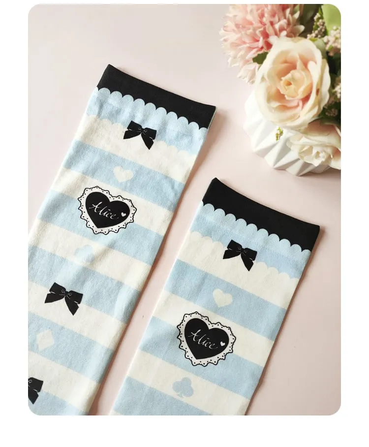 Blue & White Stripes Bow and Heart Print Over Knee Stockings