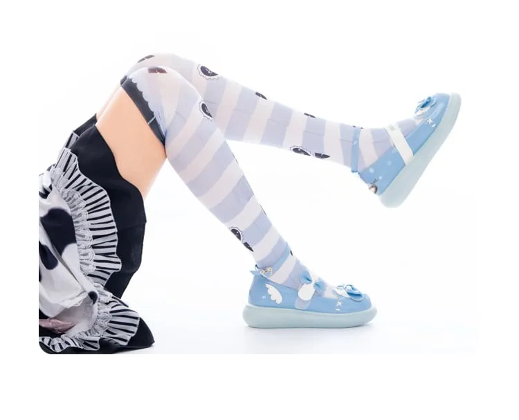 Blue & White Stripes Bow and Heart Print Over Knee Stockings