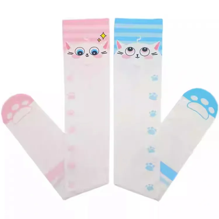 Blue and Pink Cat Paw Pattern Over Knee Stockings