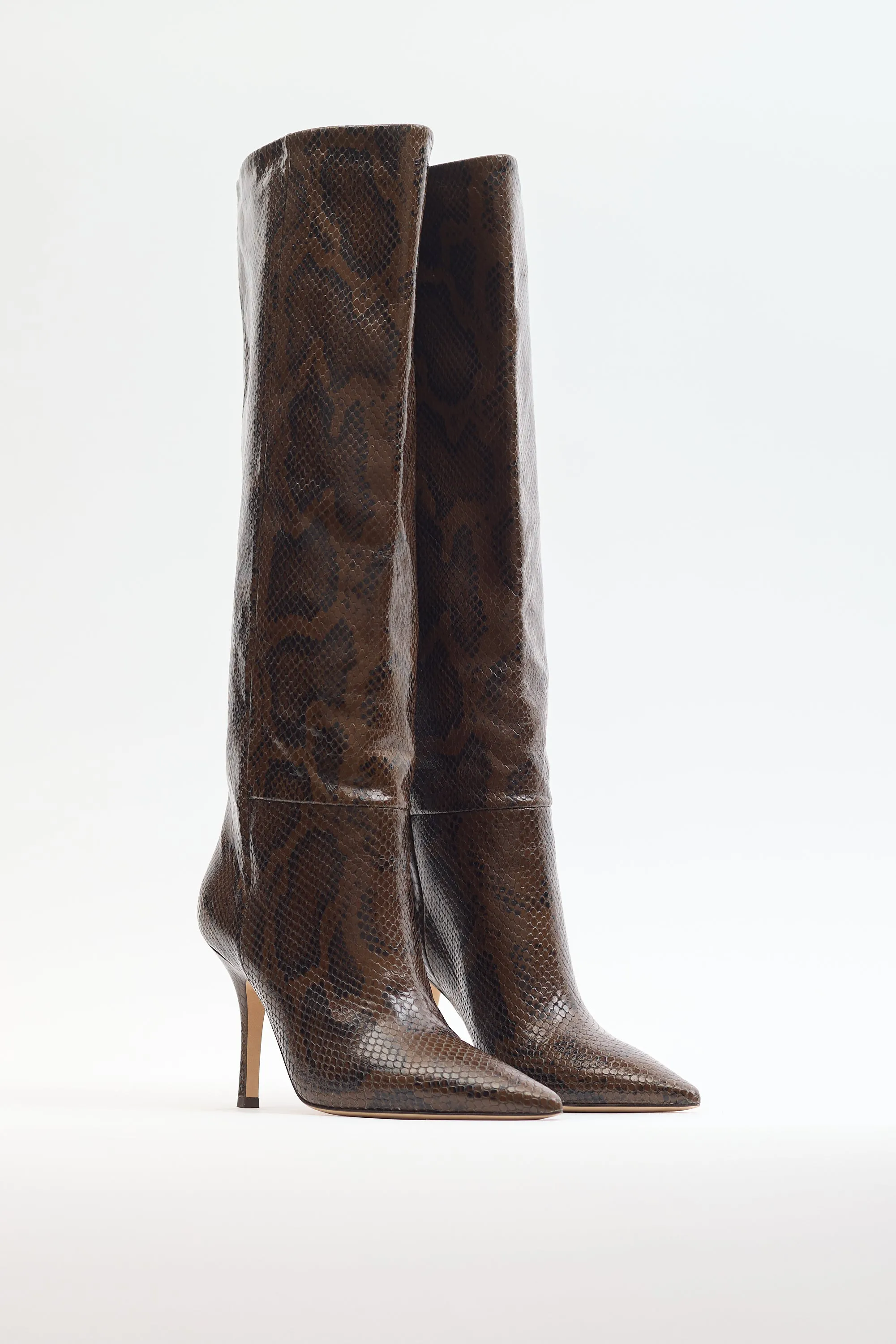 Brown & Black Embossed Leather High Heel Boot