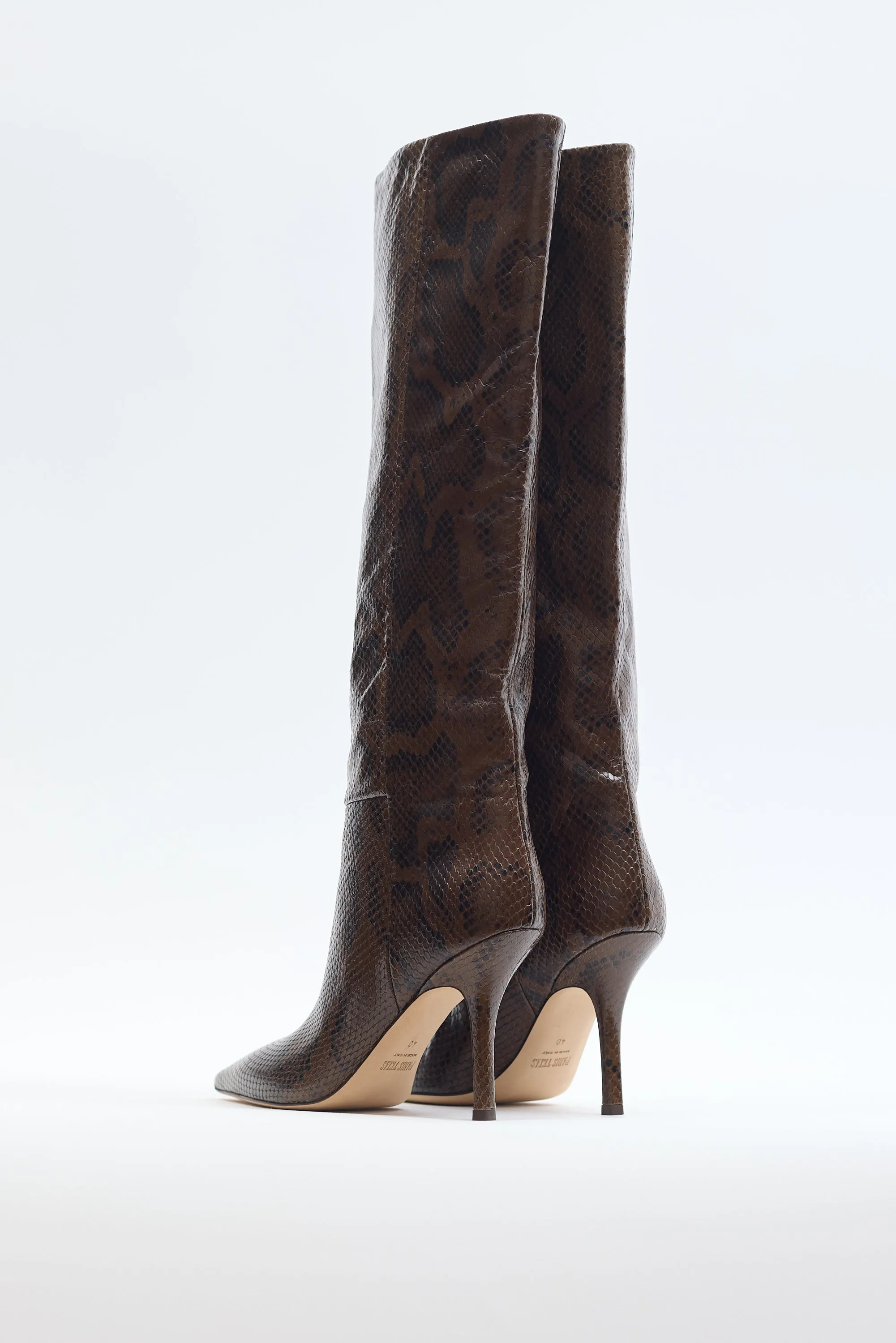 Brown & Black Embossed Leather High Heel Boot