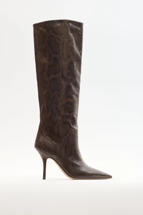 Brown & Black Embossed Leather High Heel Boot
