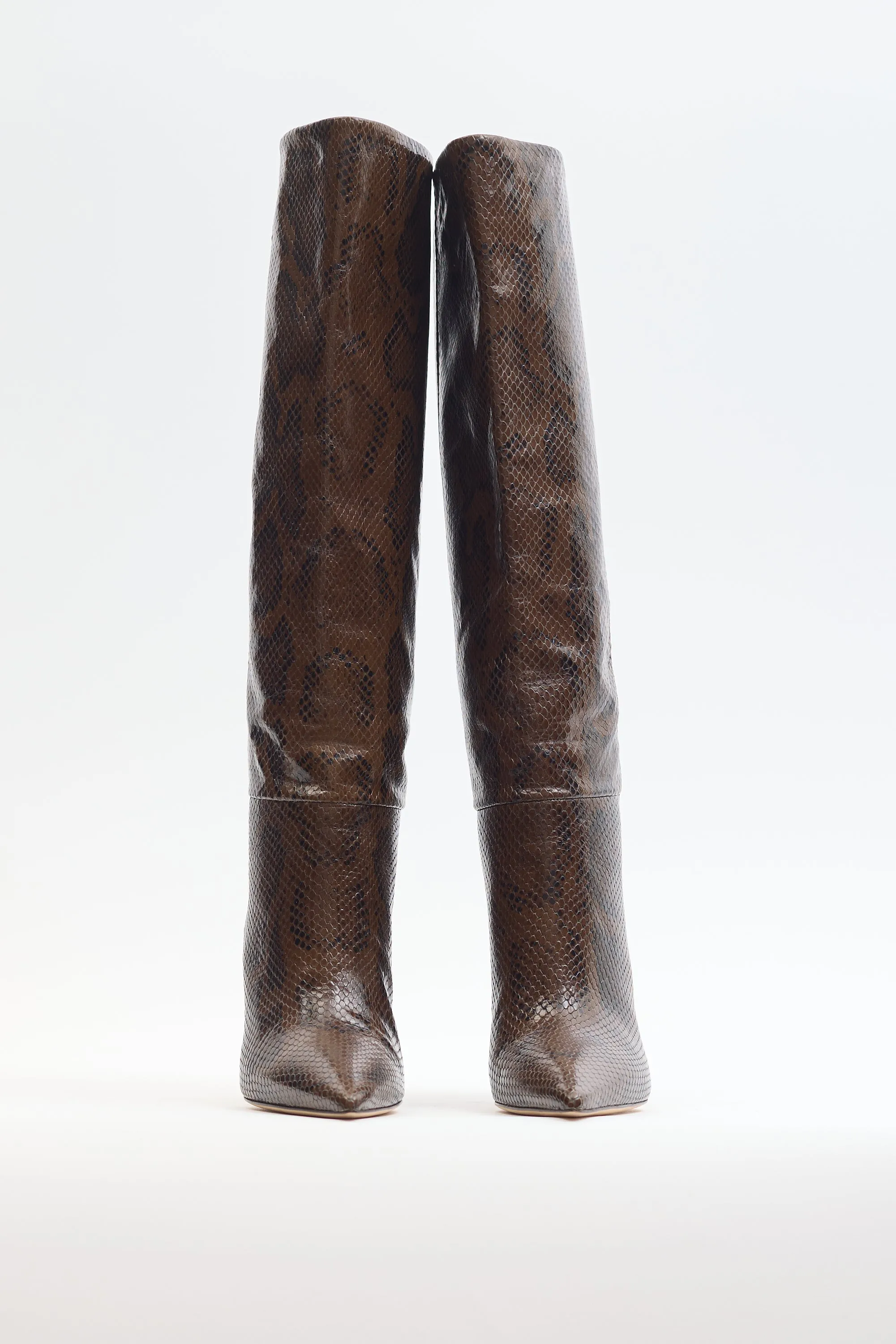 Brown & Black Embossed Leather High Heel Boot