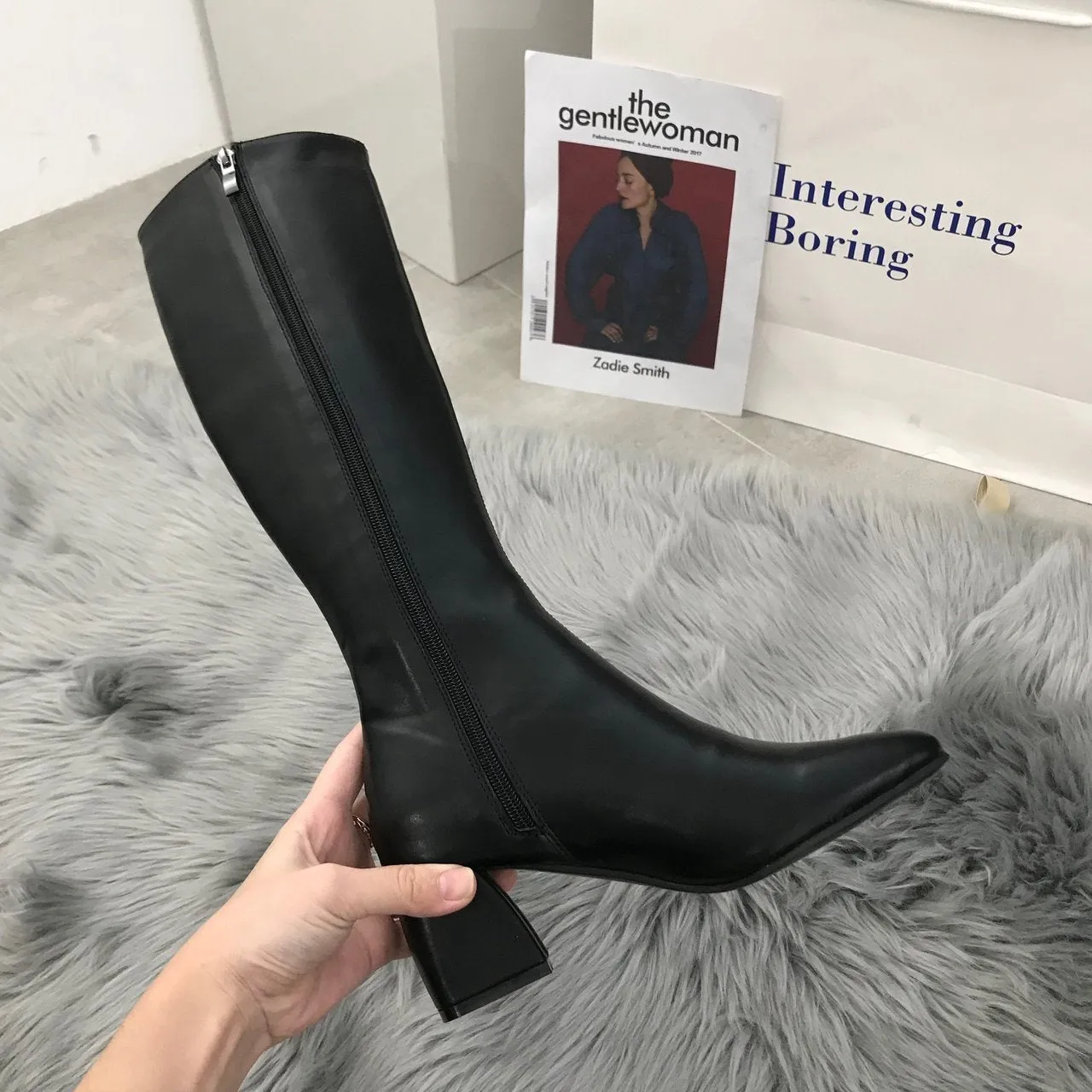 But Women's Knee Side Zipper Square Toe Boots