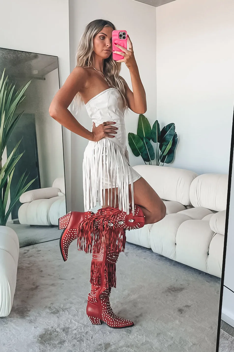 Caught You Staring Burnt Red Rhinestone Studded Fringe Western Boots