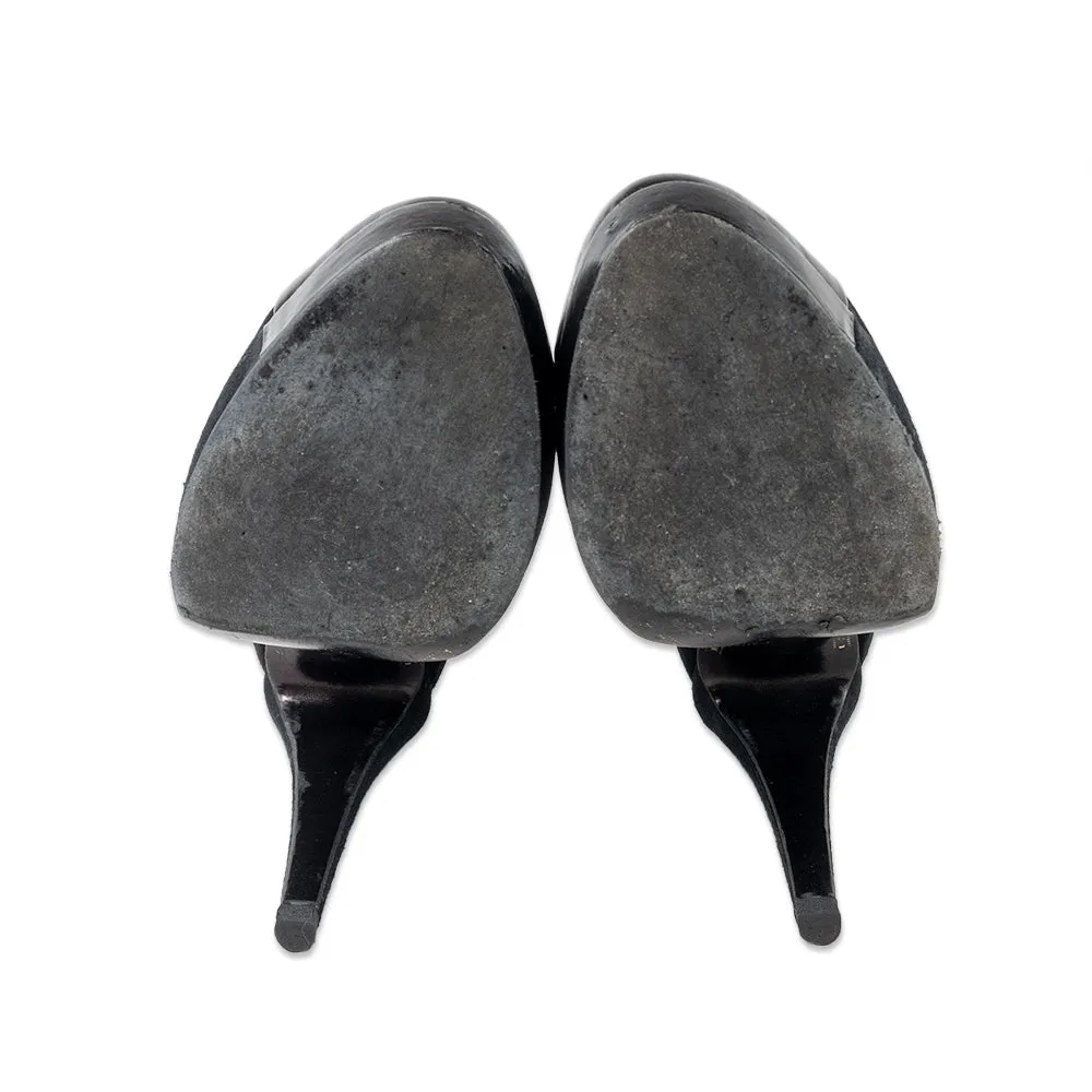Chanel Black Suede Cap Toe Heeled Ankle Boots