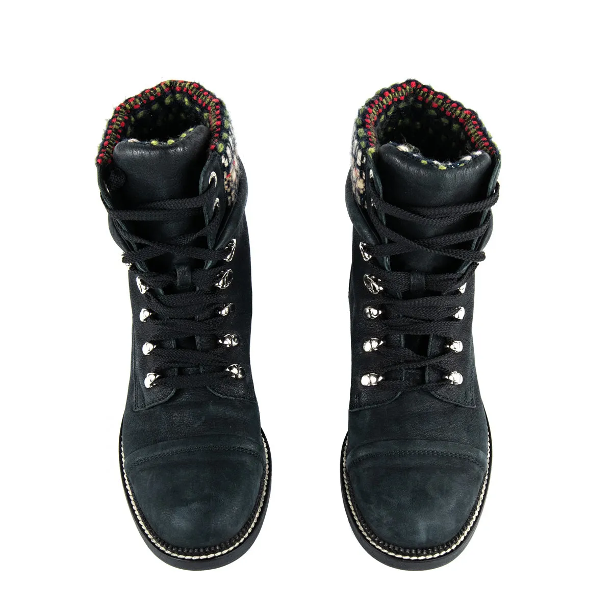Chanel Black Tweed Lace-Up Combat Boots Size US 11 | EU 41
