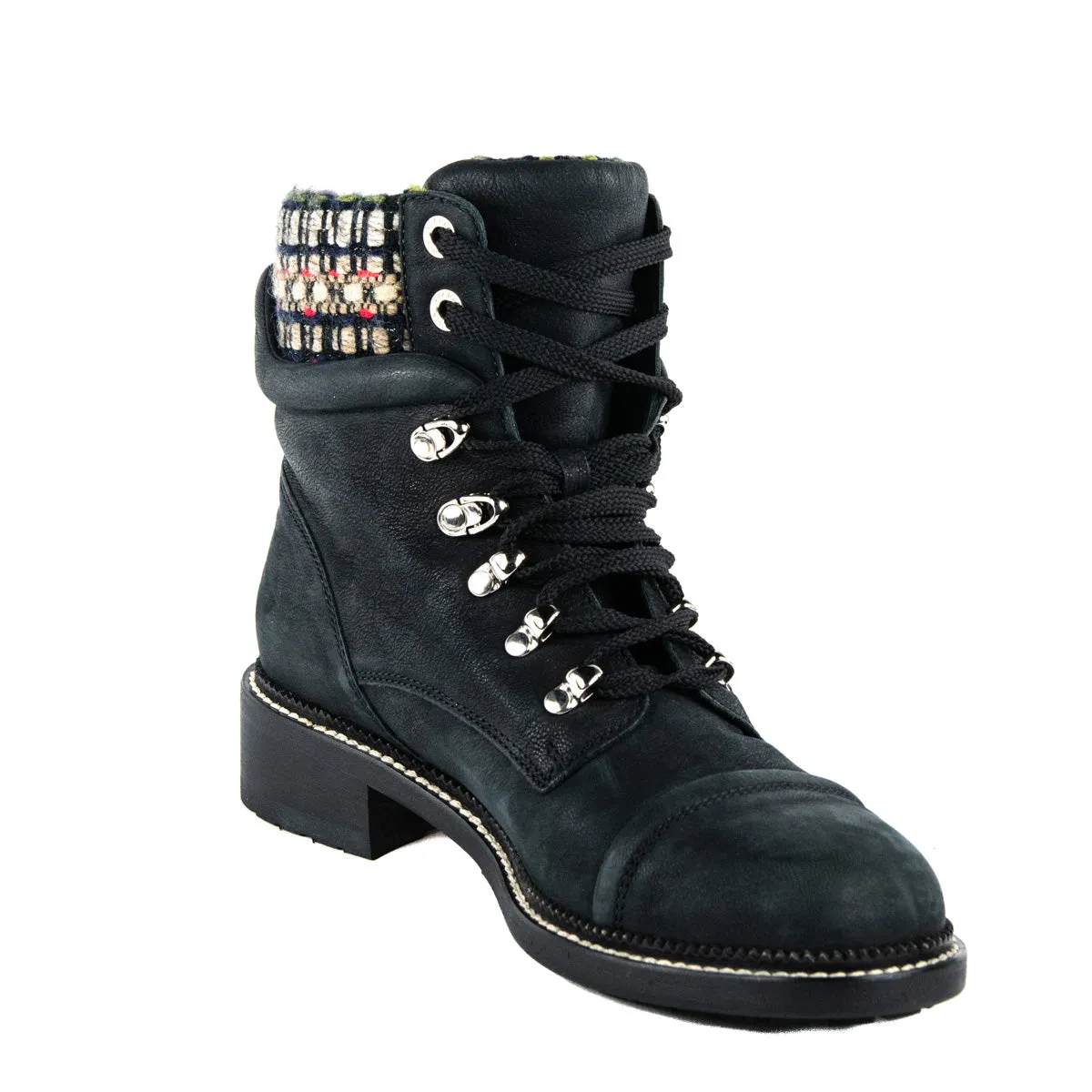 Chanel Black Tweed Lace-Up Combat Boots Size US 11 | EU 41