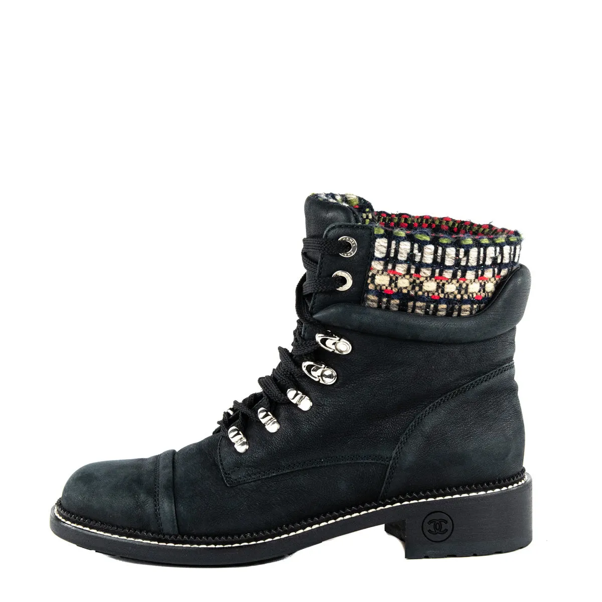 Chanel Black Tweed Lace-Up Combat Boots Size US 11 | EU 41