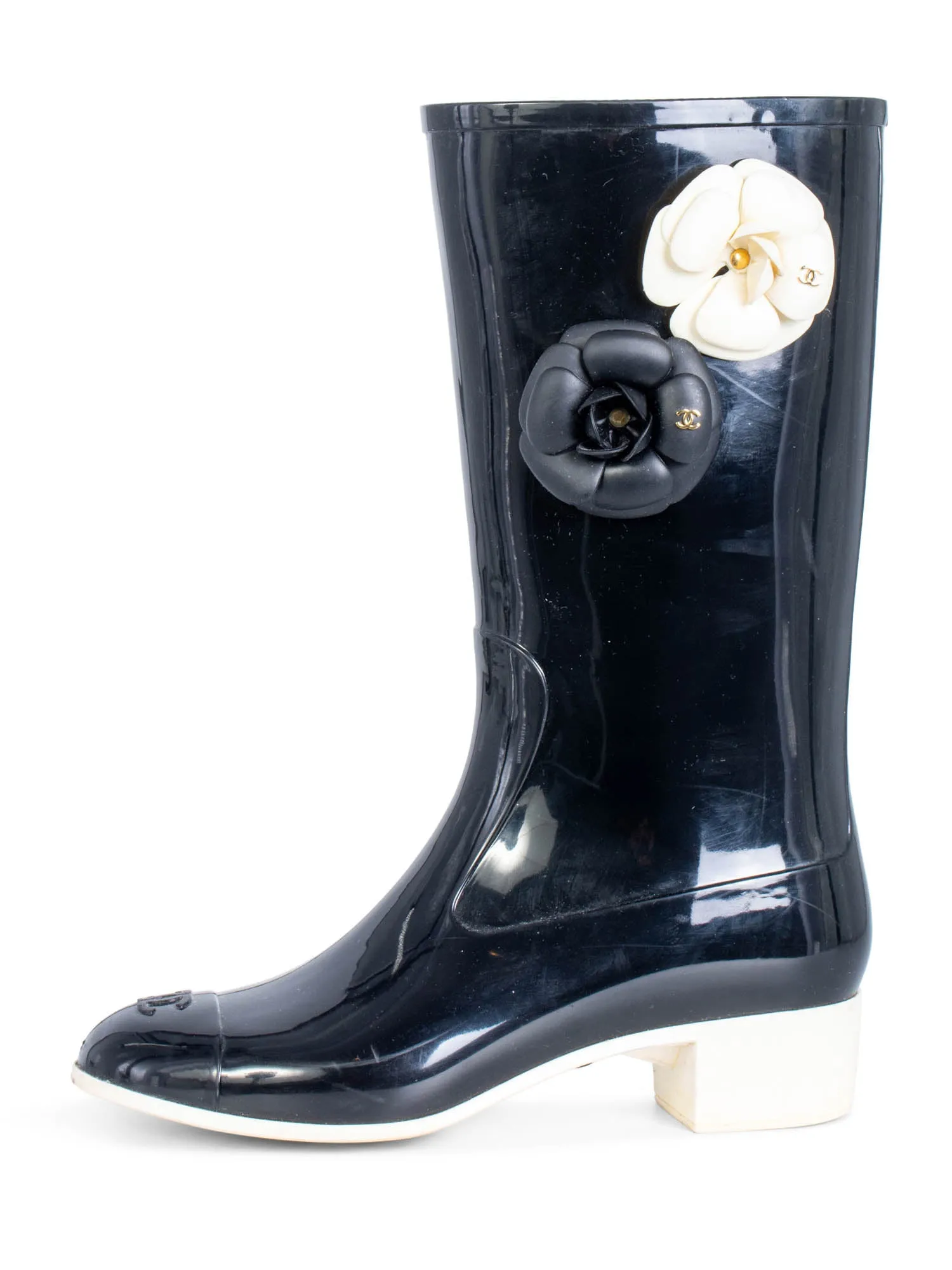 CHANEL CC Logo Camellia Flower Rain Boots Black Ivory