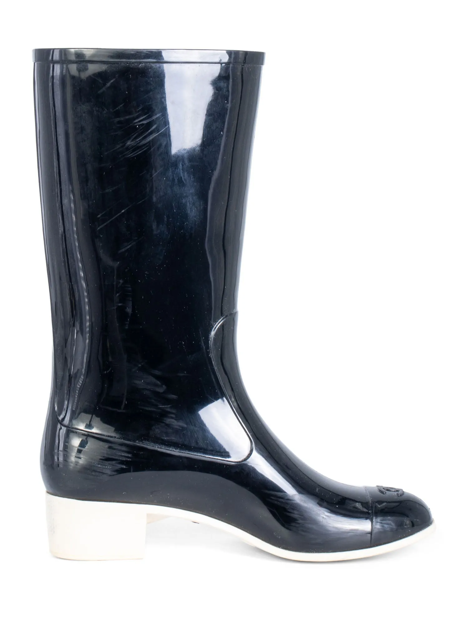 CHANEL CC Logo Camellia Flower Rain Boots Black Ivory
