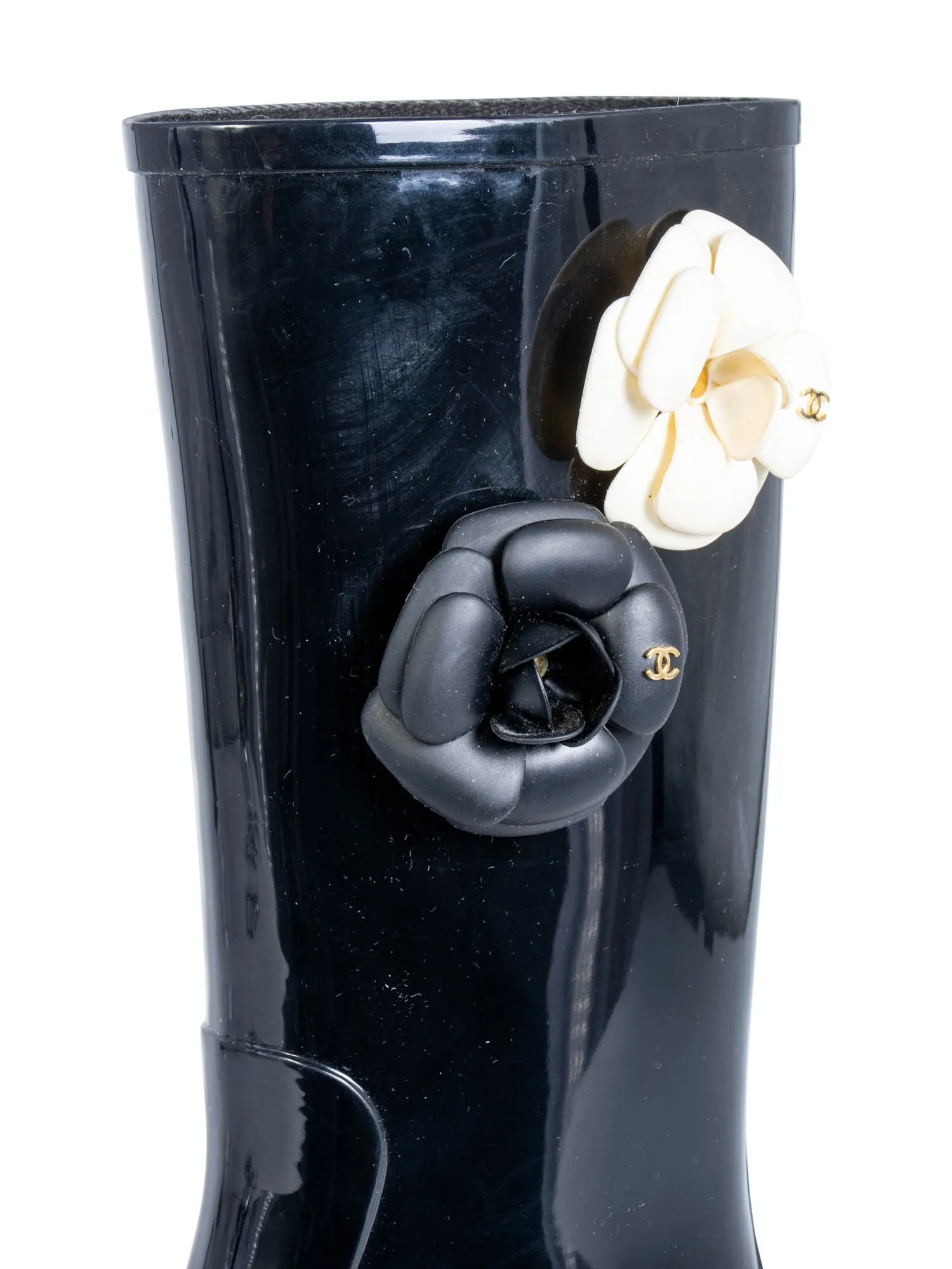 CHANEL CC Logo Camellia Flower Rain Boots Black Ivory