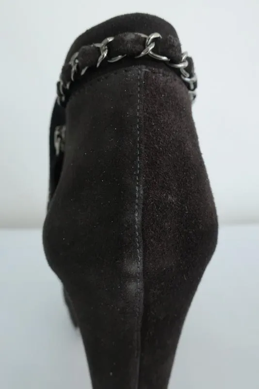 Chanel Chain-Trim Ankle Boots Dark Gray Glitter Suede Size 40 High Heel