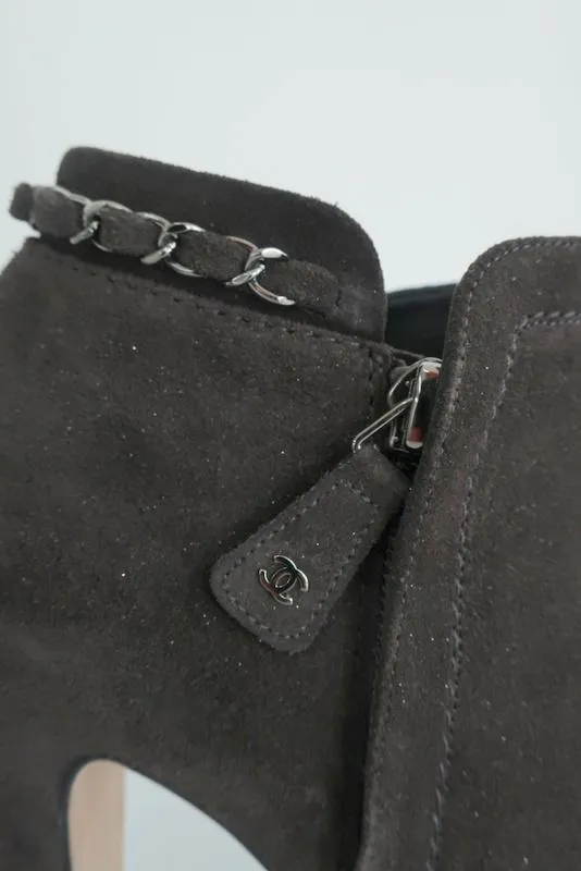 Chanel Chain-Trim Ankle Boots Dark Gray Glitter Suede Size 40 High Heel