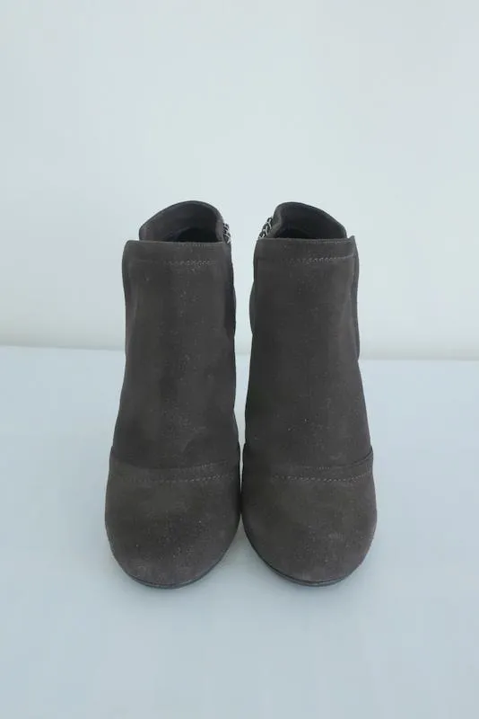 Chanel Chain-Trim Ankle Boots Dark Gray Glitter Suede Size 40 High Heel