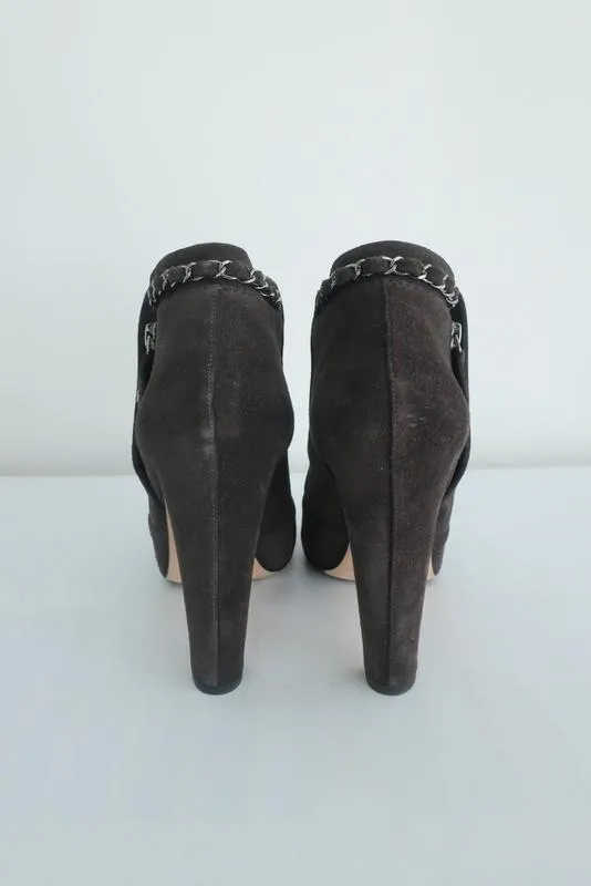Chanel Chain-Trim Ankle Boots Dark Gray Glitter Suede Size 40 High Heel