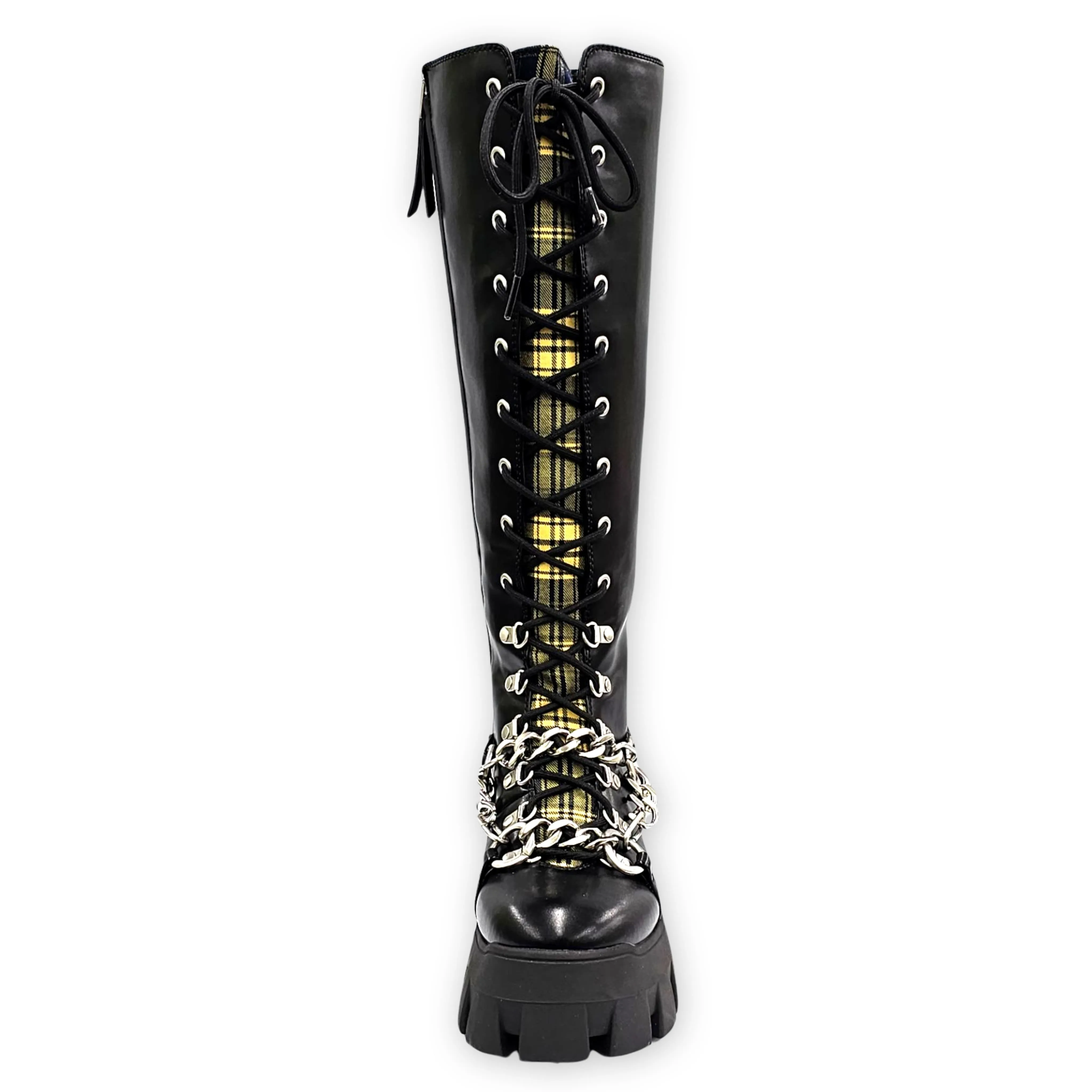 Circus NY Abrina Black Multi Riding Chunky Lace Up Platform Moto Buckle Boots