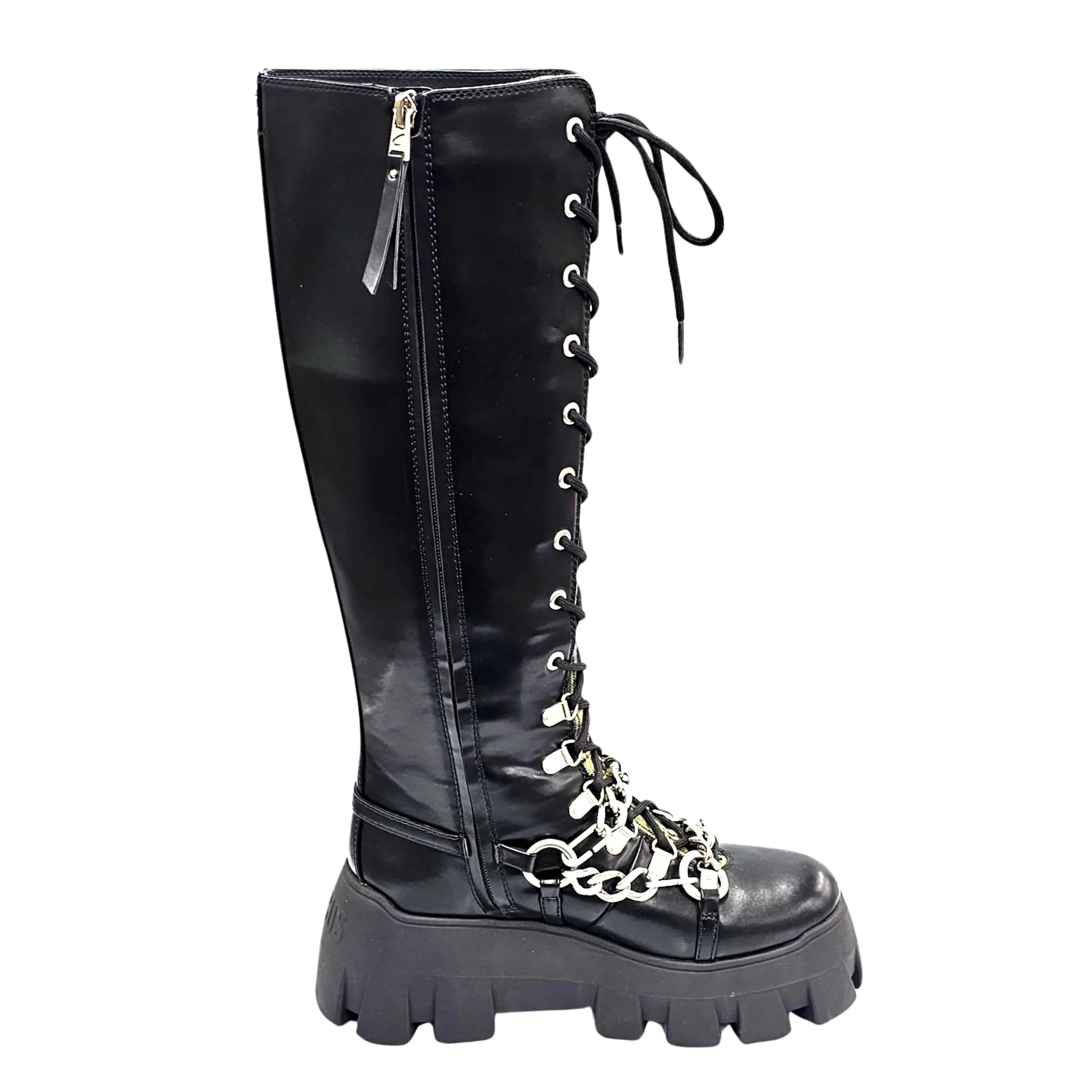 Circus NY Abrina Black Multi Riding Chunky Lace Up Platform Moto Buckle Boots