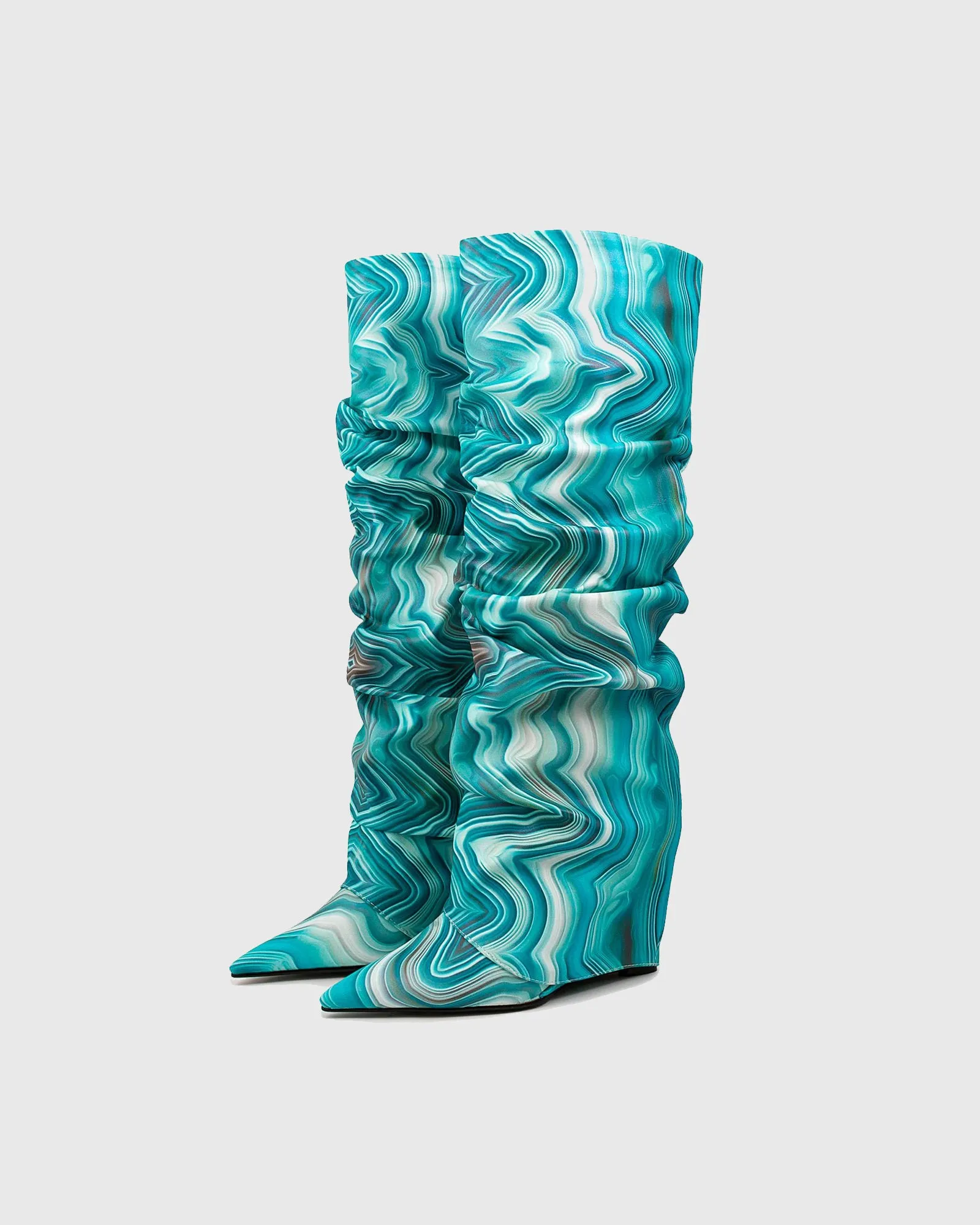 Corinna Stripe Ruched Knee High Boots In Blue