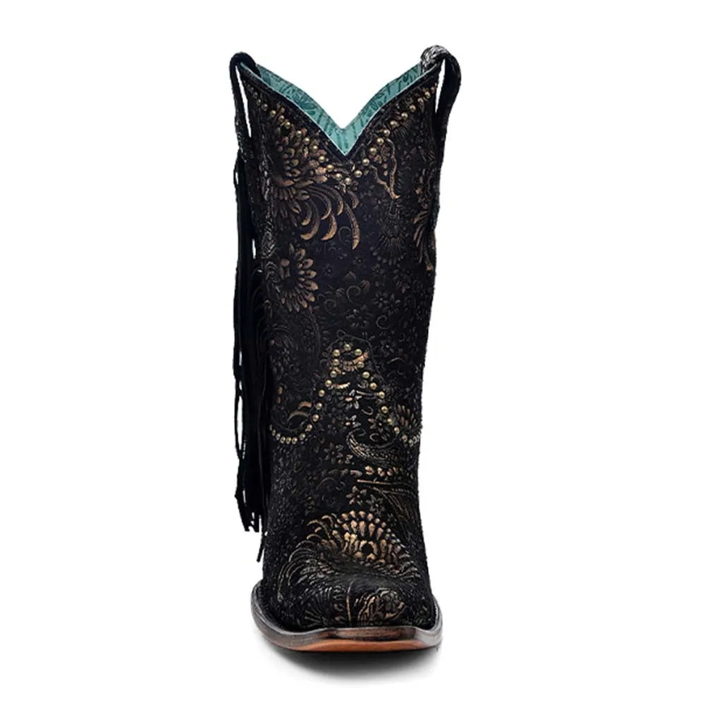 Corral Gold Floral Suede Studs & Fringe Ankle Boots