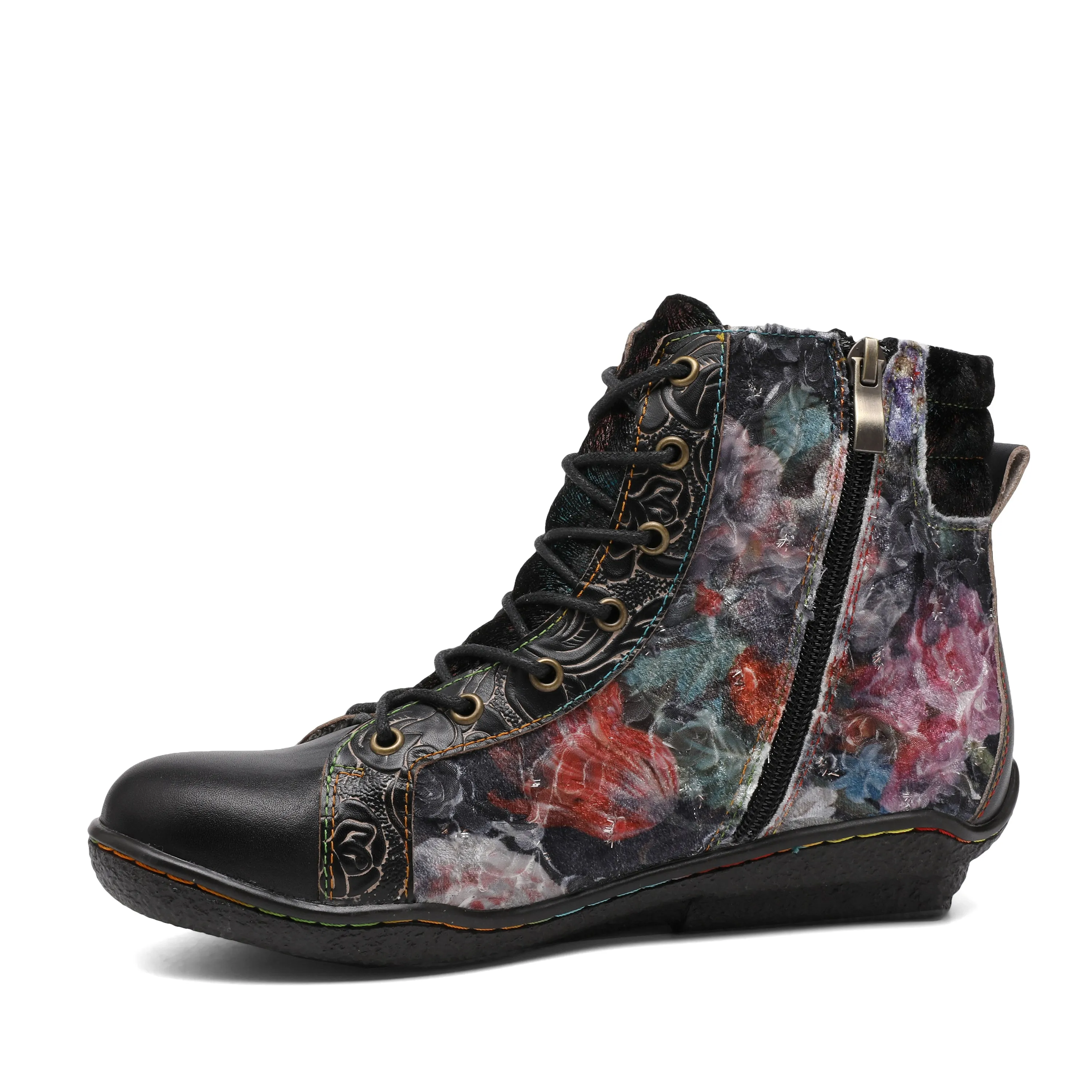 CrazycatZ Womens  Boots Floral Block Heel Leather Western Boots Colorful Leather Boots Black  Floral