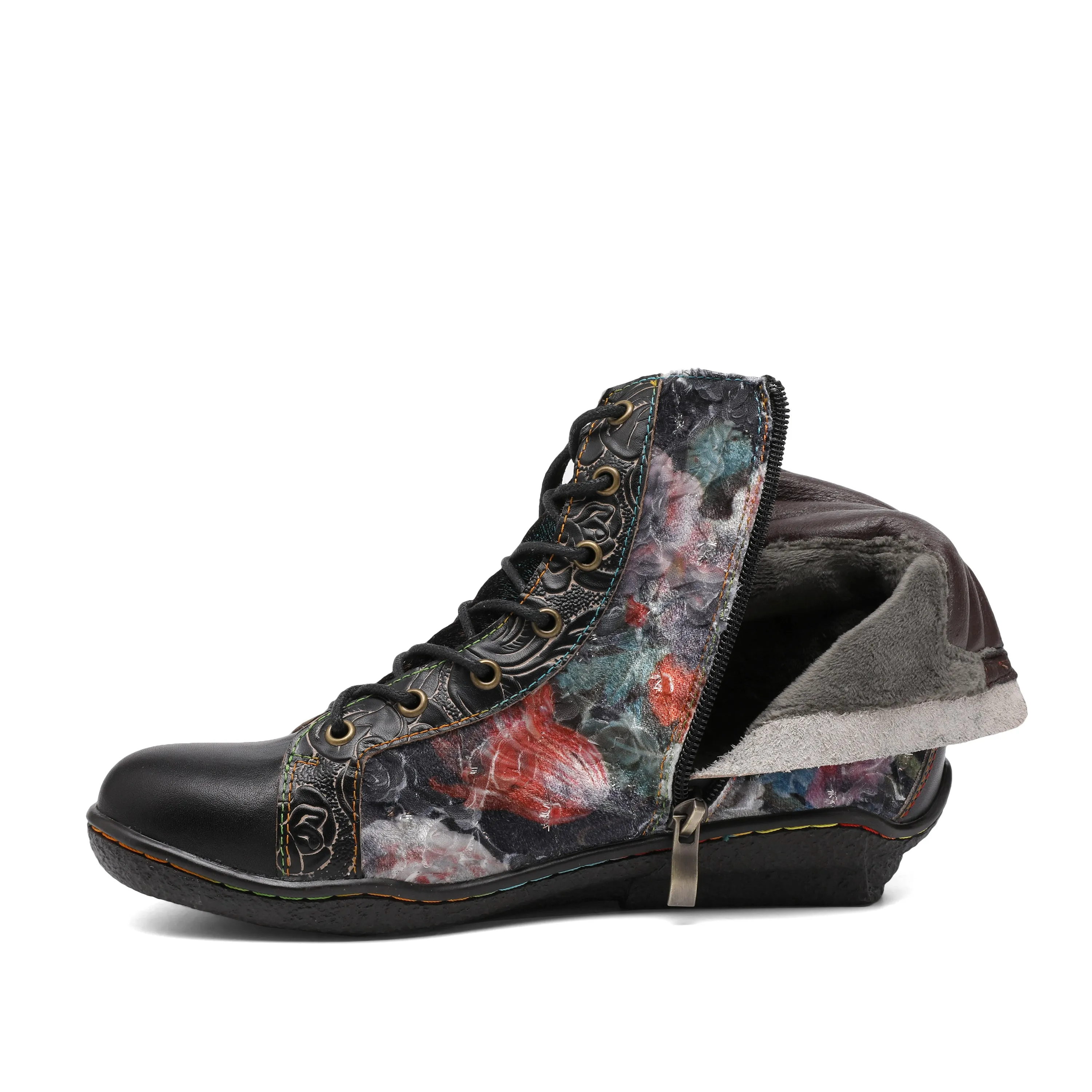 CrazycatZ Womens  Boots Floral Block Heel Leather Western Boots Colorful Leather Boots Black  Floral