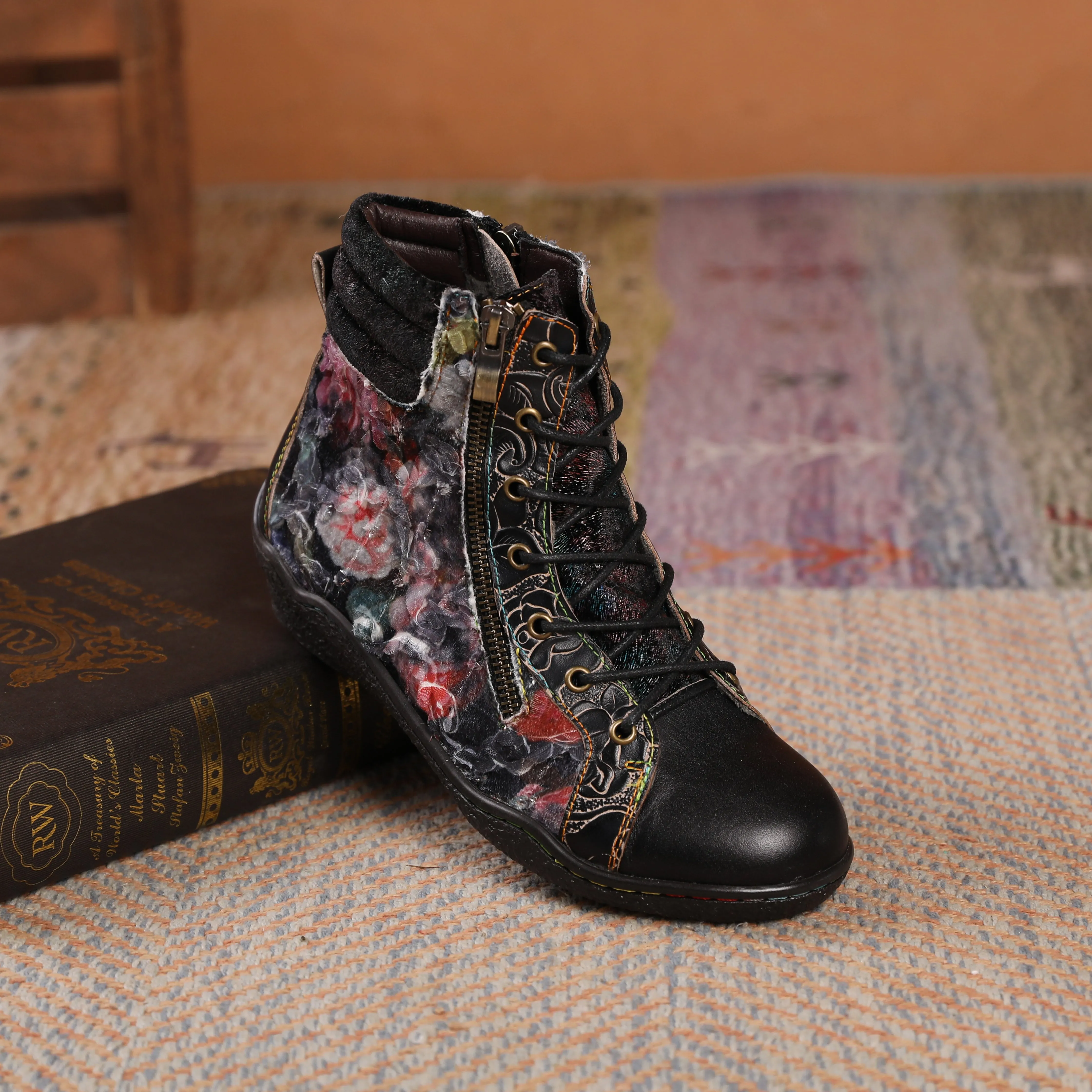 CrazycatZ Womens  Boots Floral Block Heel Leather Western Boots Colorful Leather Boots Black  Floral