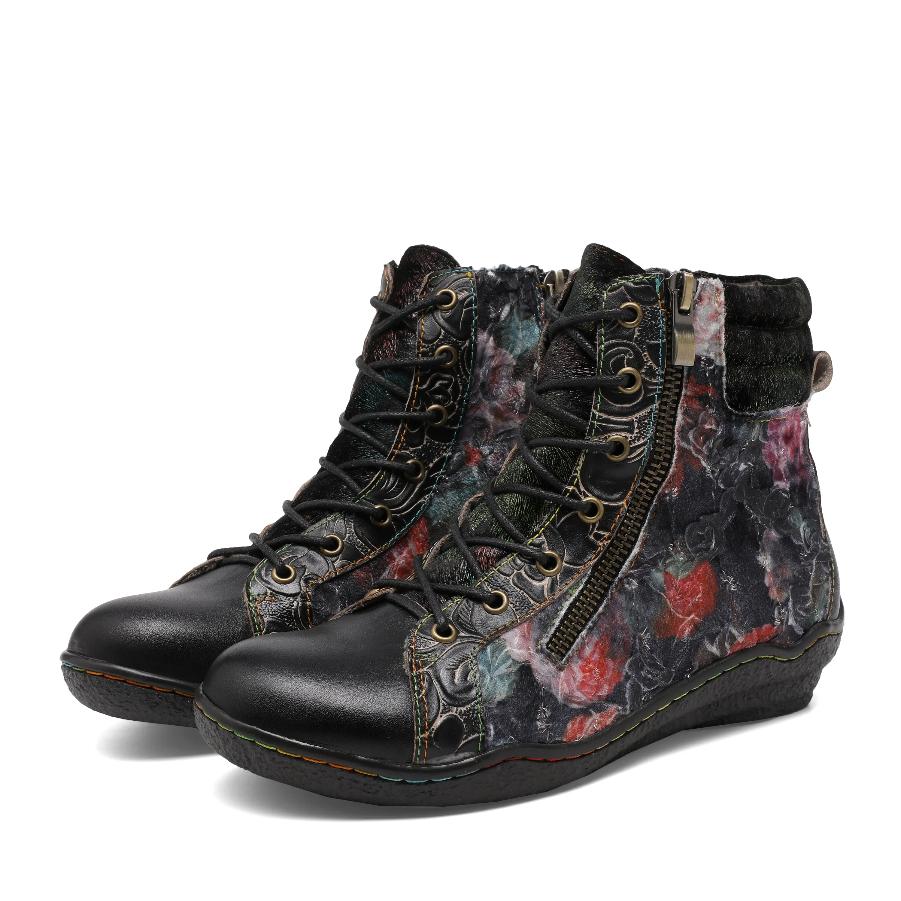 CrazycatZ Womens  Boots Floral Block Heel Leather Western Boots Colorful Leather Boots Black  Floral