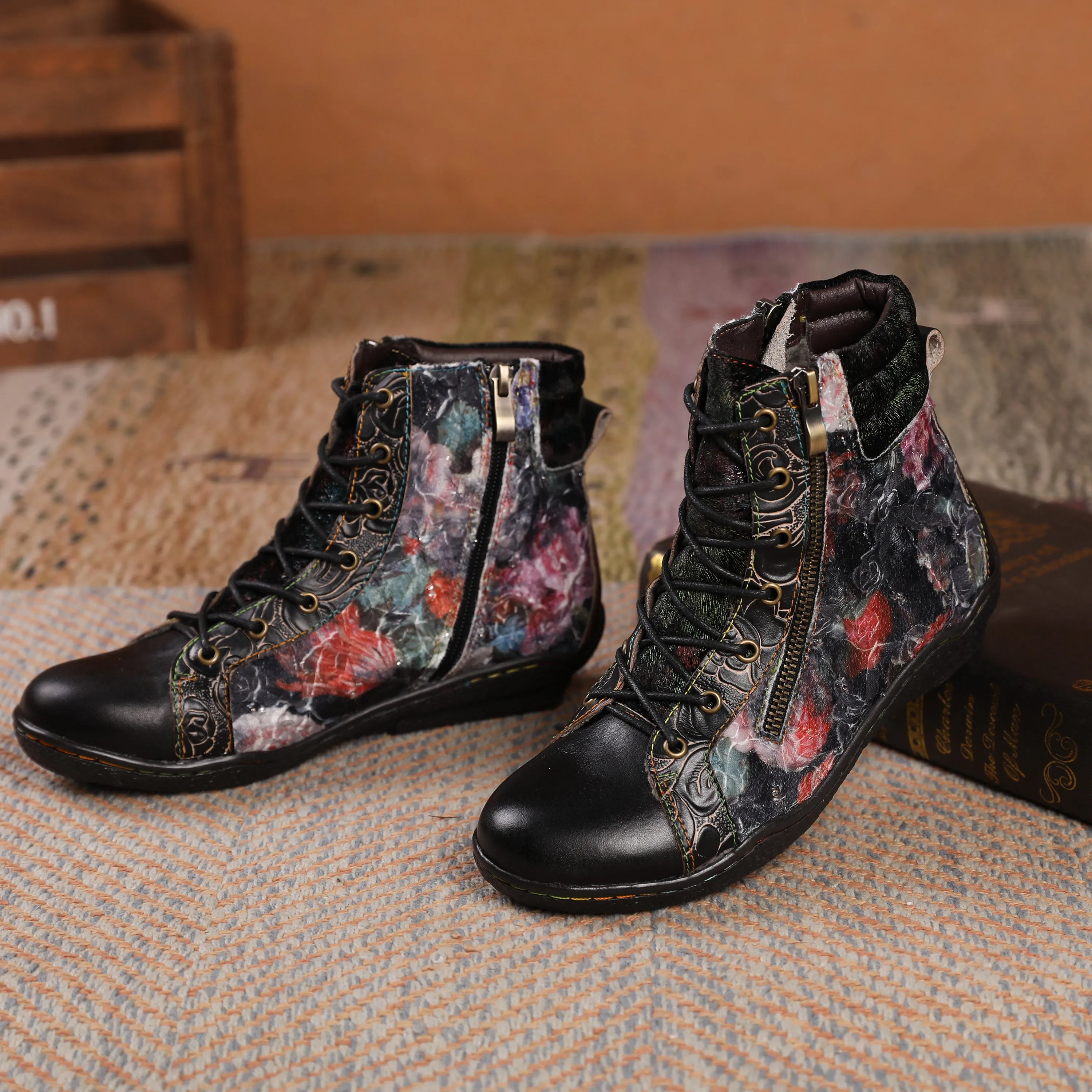 CrazycatZ Womens  Boots Floral Block Heel Leather Western Boots Colorful Leather Boots Black  Floral