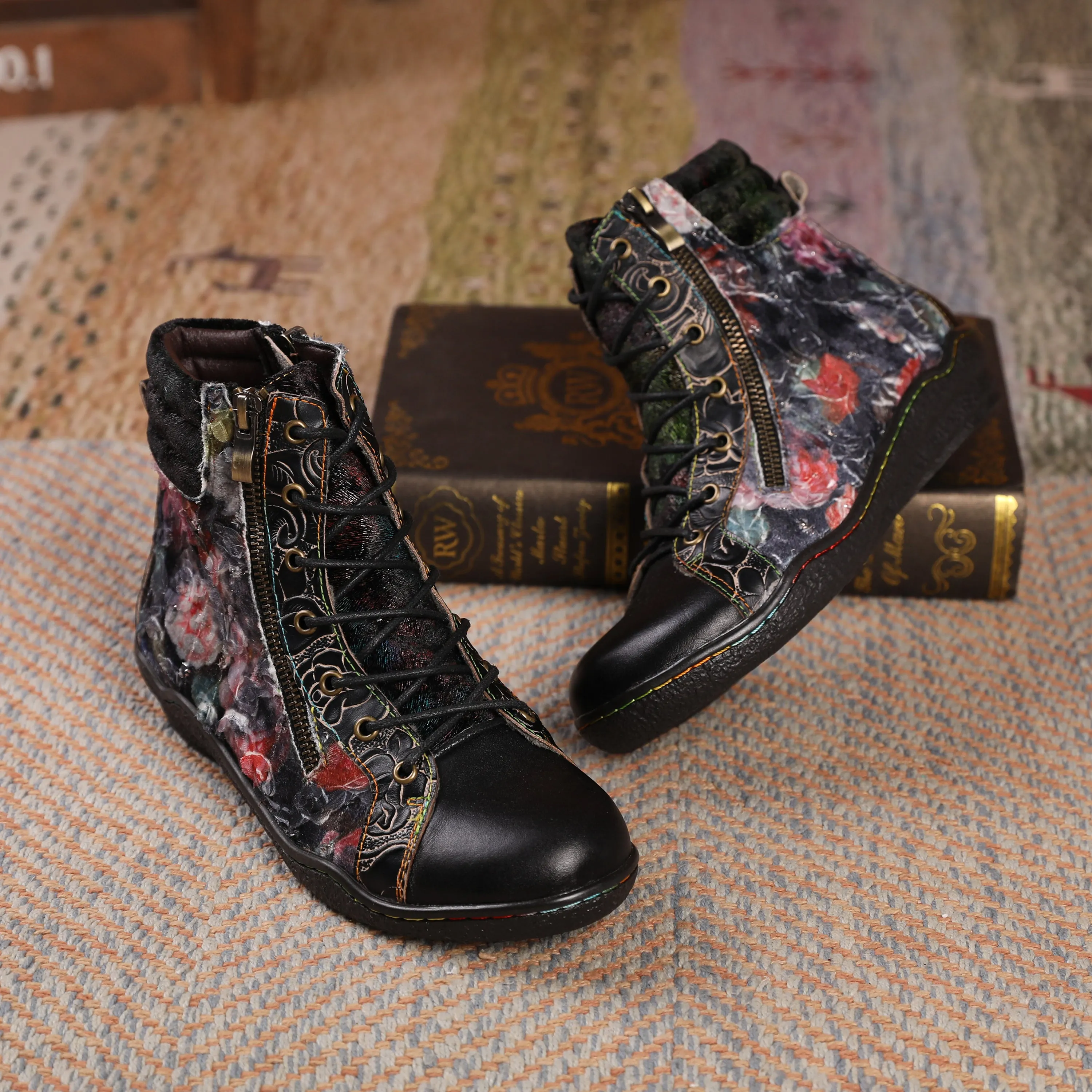 CrazycatZ Womens  Boots Floral Block Heel Leather Western Boots Colorful Leather Boots Black  Floral