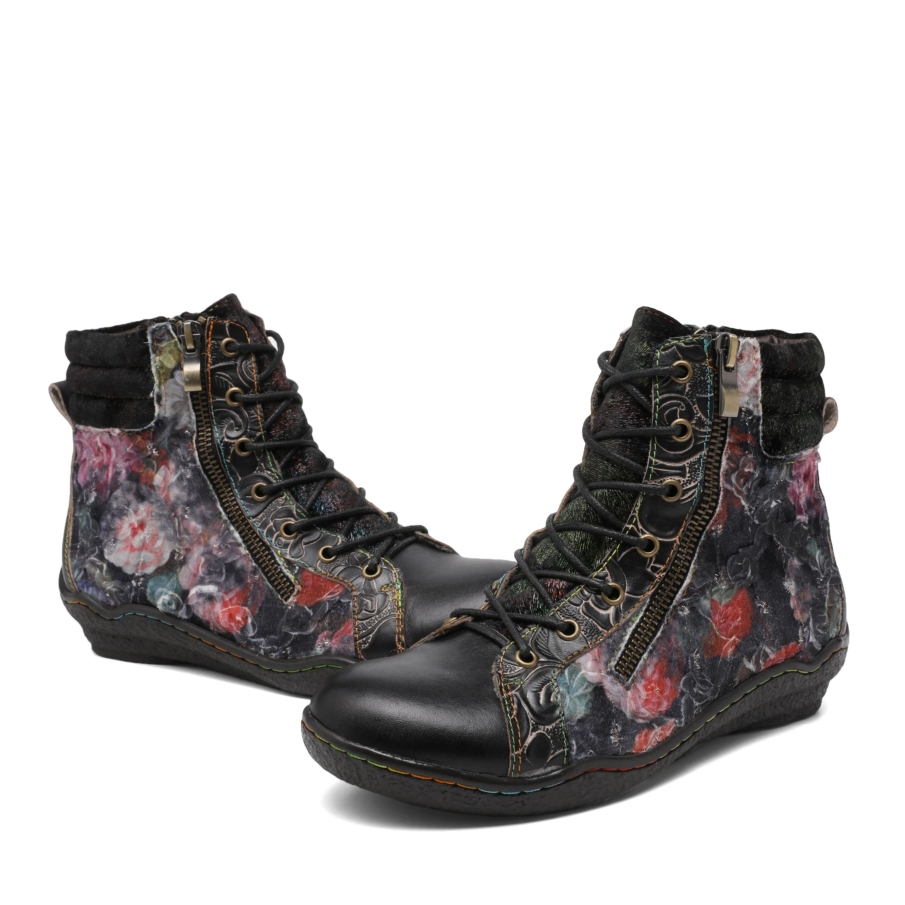 CrazycatZ Womens  Boots Floral Block Heel Leather Western Boots Colorful Leather Boots Black  Floral