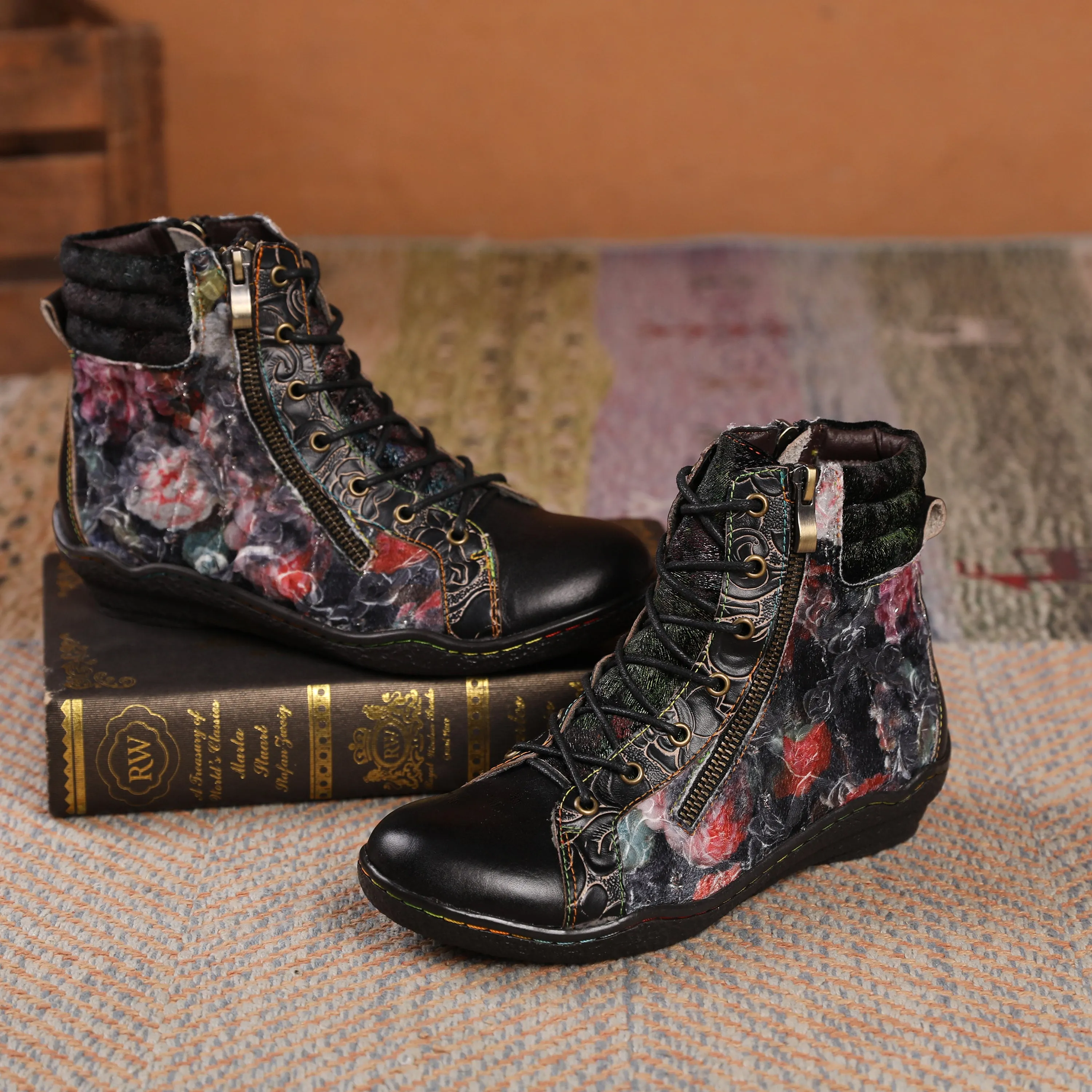 CrazycatZ Womens  Boots Floral Block Heel Leather Western Boots Colorful Leather Boots Black  Floral