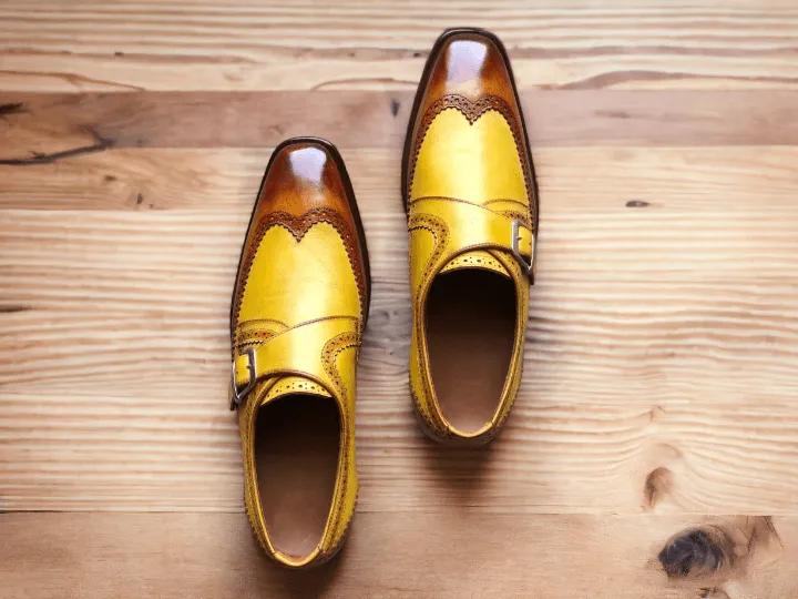 Elegant Design Handmade Men's Brown & Yellow leather Monk dress shoes,New leather shoes