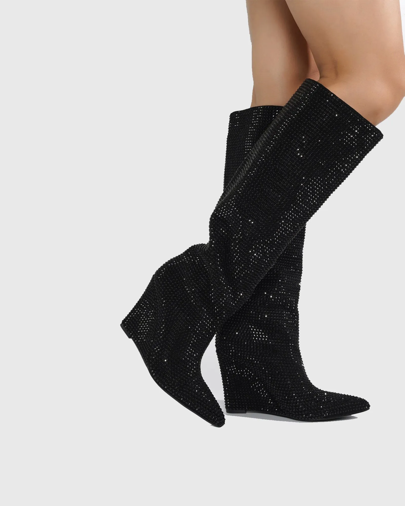 Enrica Rhinestone Embellished Wedge Knee High Boots In Black