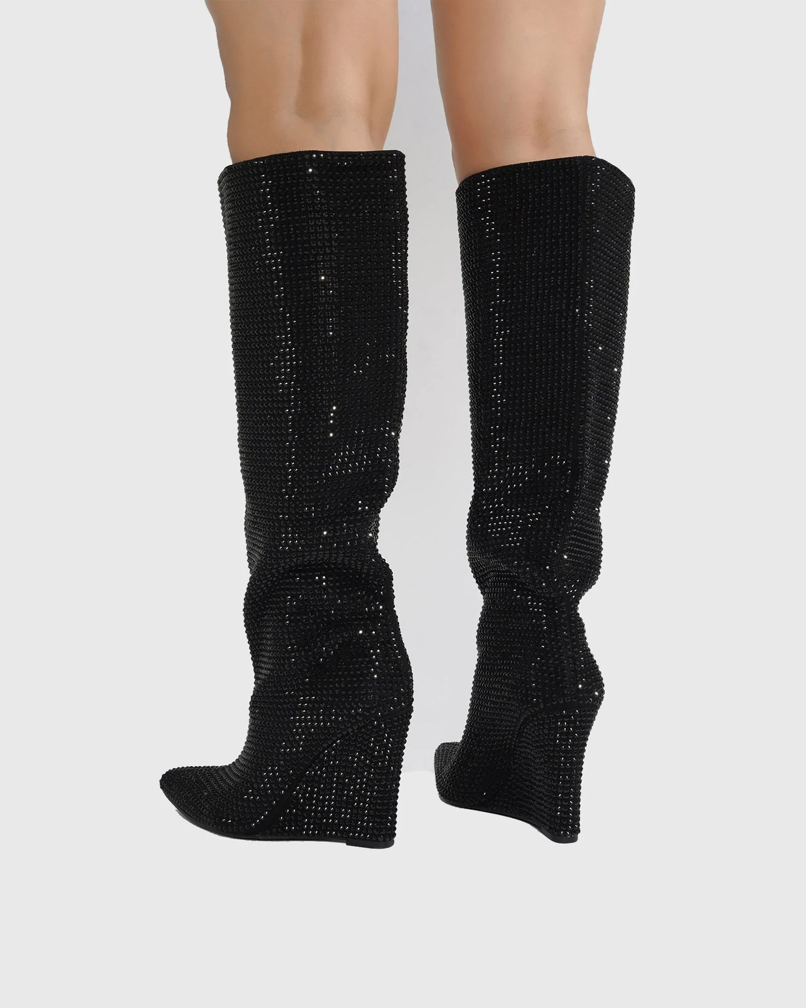 Enrica Rhinestone Embellished Wedge Knee High Boots In Black