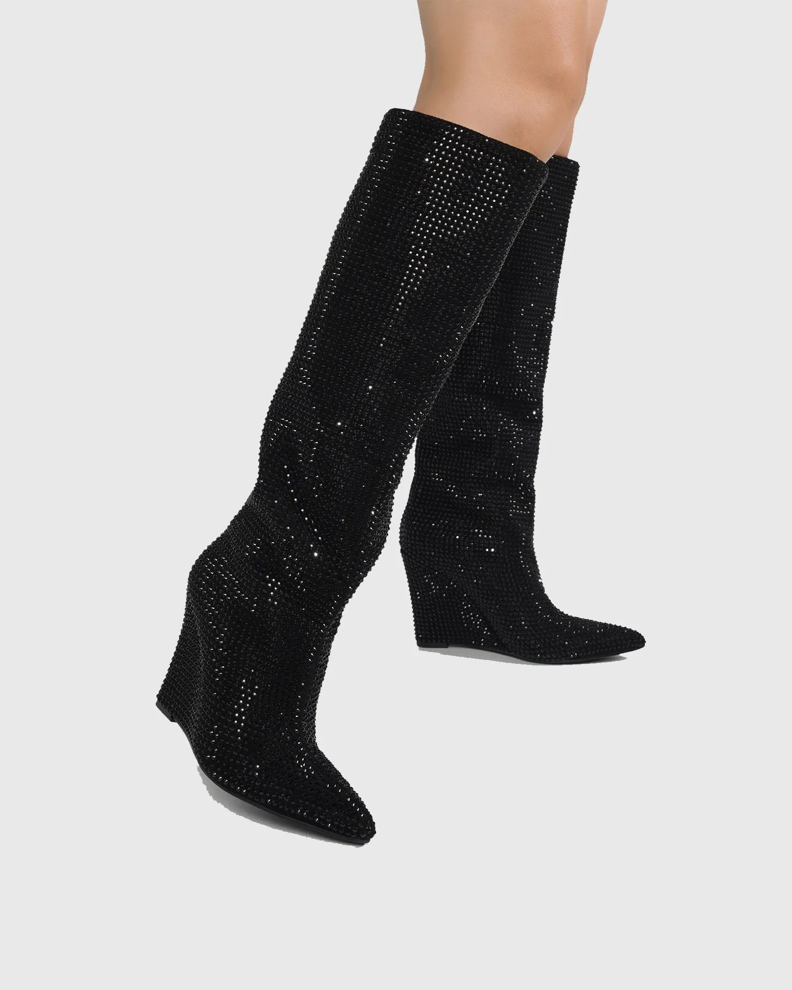 Enrica Rhinestone Embellished Wedge Knee High Boots In Black