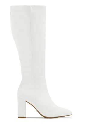 Fine Time Block Heel Knee High Boots - White