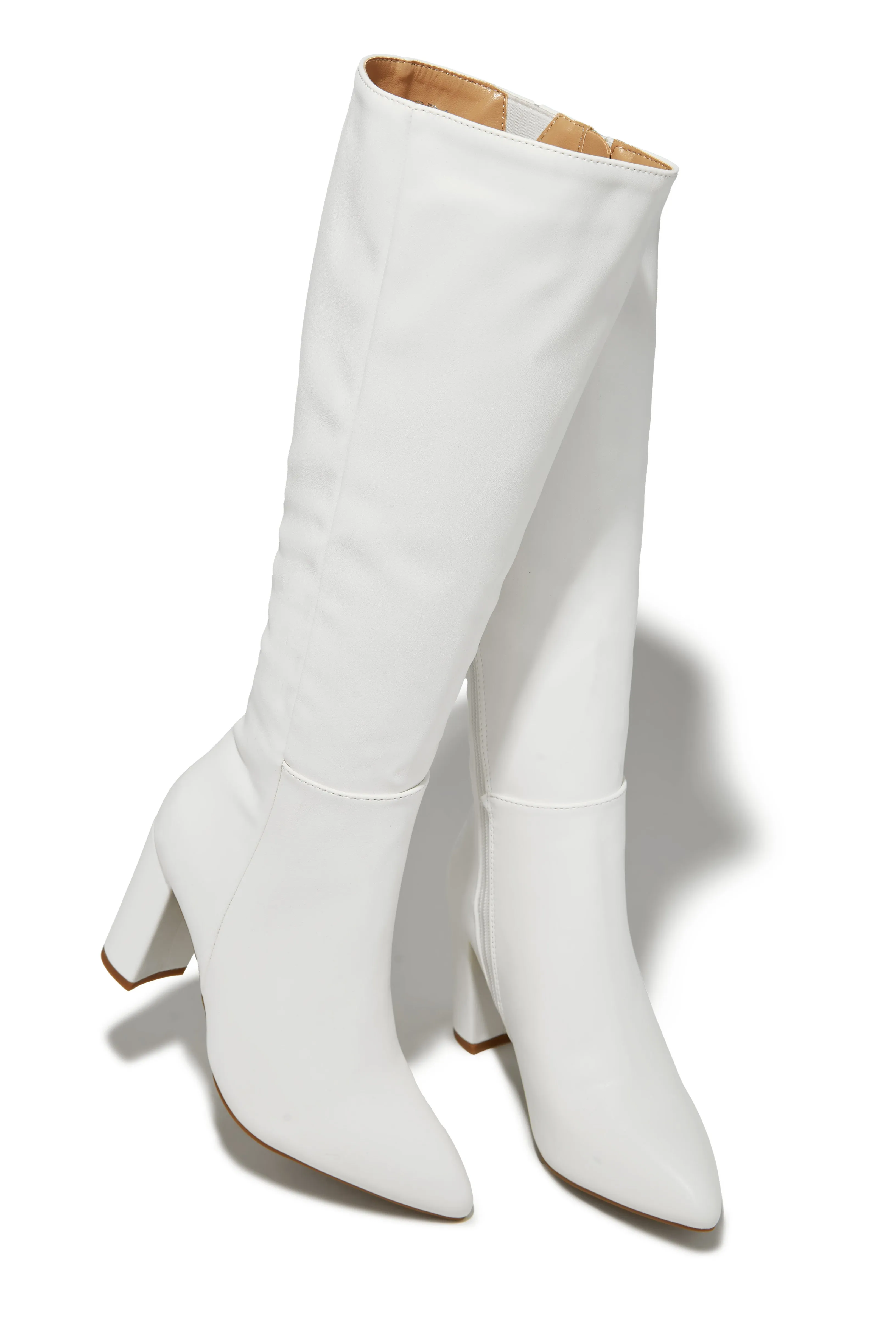 Fine Time Block Heel Knee High Boots - White