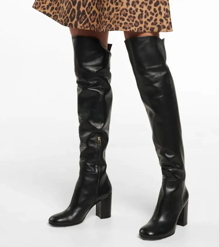 FINOE Block Heel Leather Knee High Boots