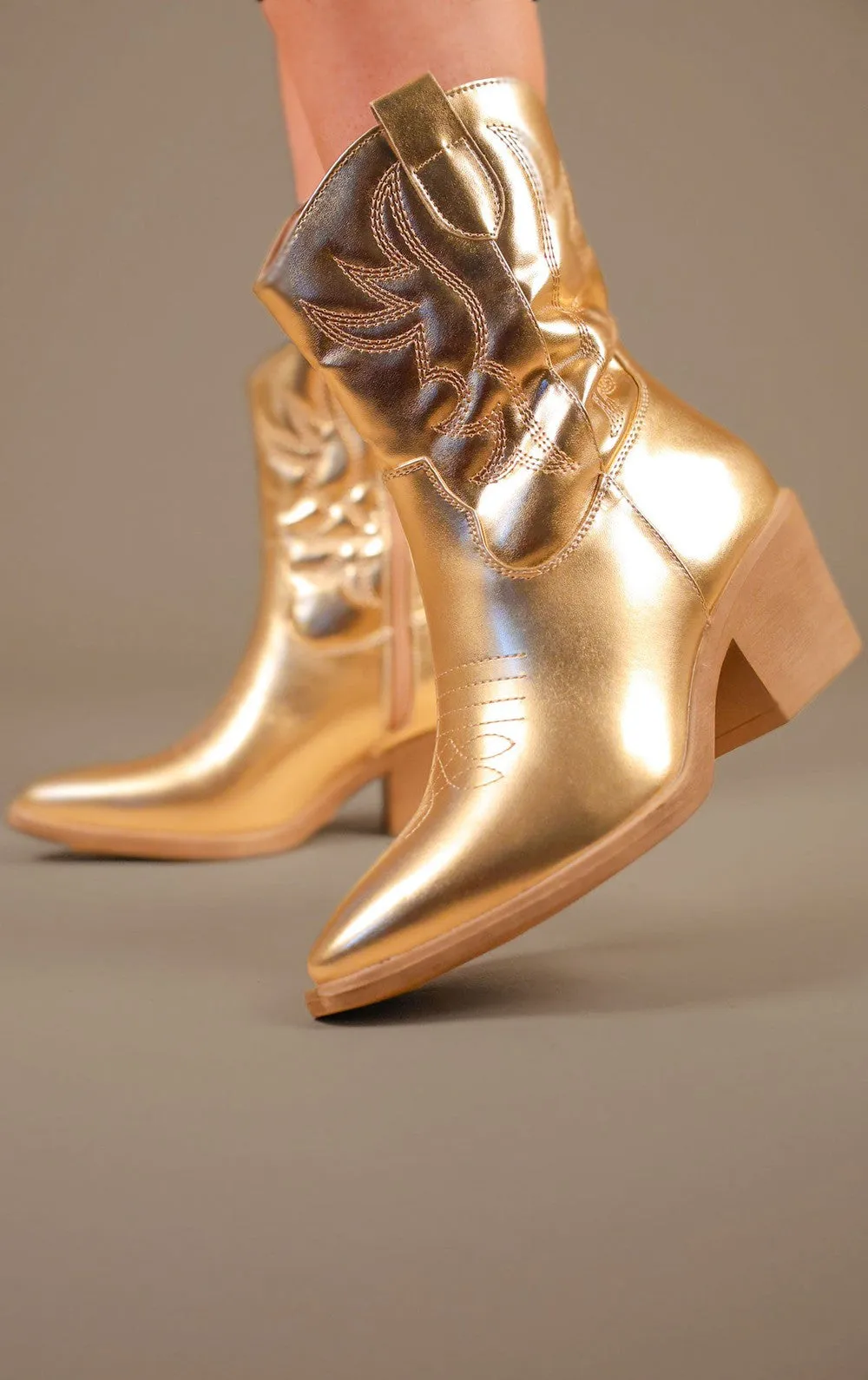 Gold Embroidered PU Cowboy Ankle Boots