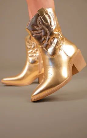 Gold Embroidered PU Cowboy Ankle Boots