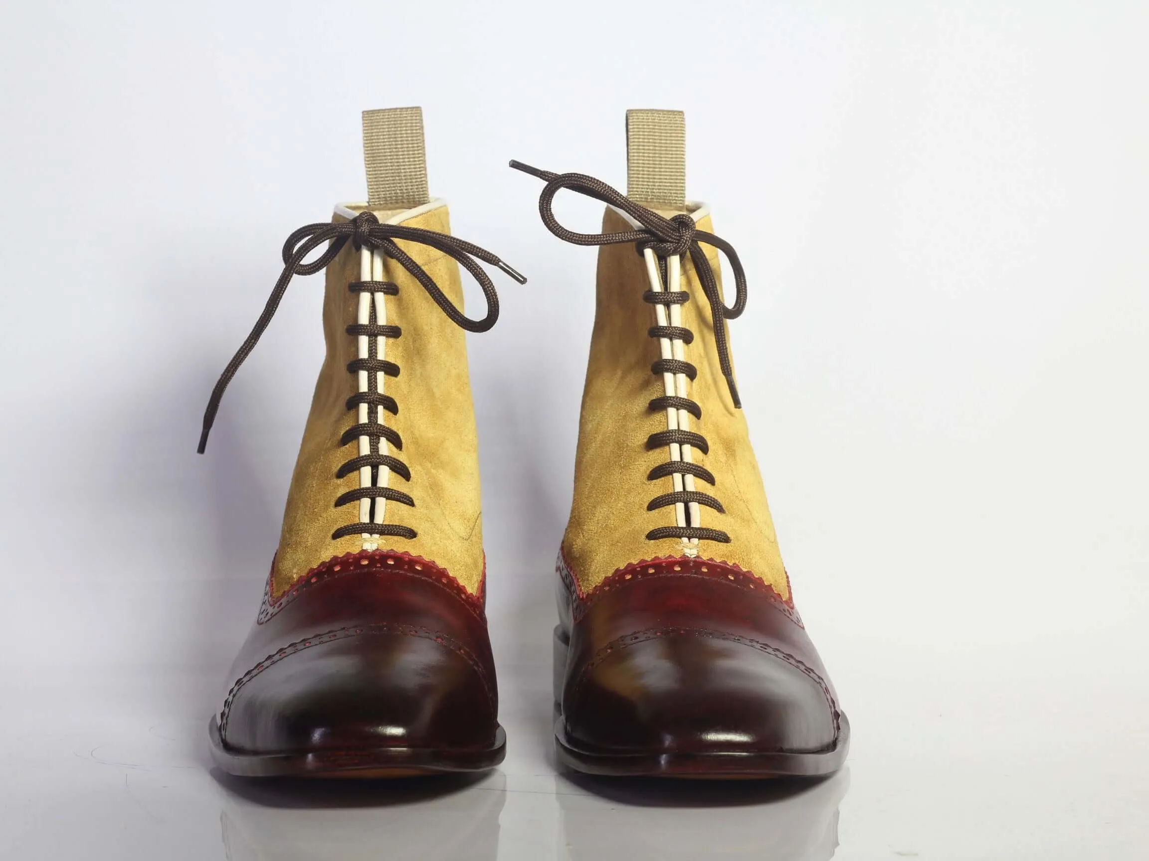 Handmade Men’s Burgundy & Tan Ankle Cap Toe Boots, Men Leather Suede Lace Up Boot